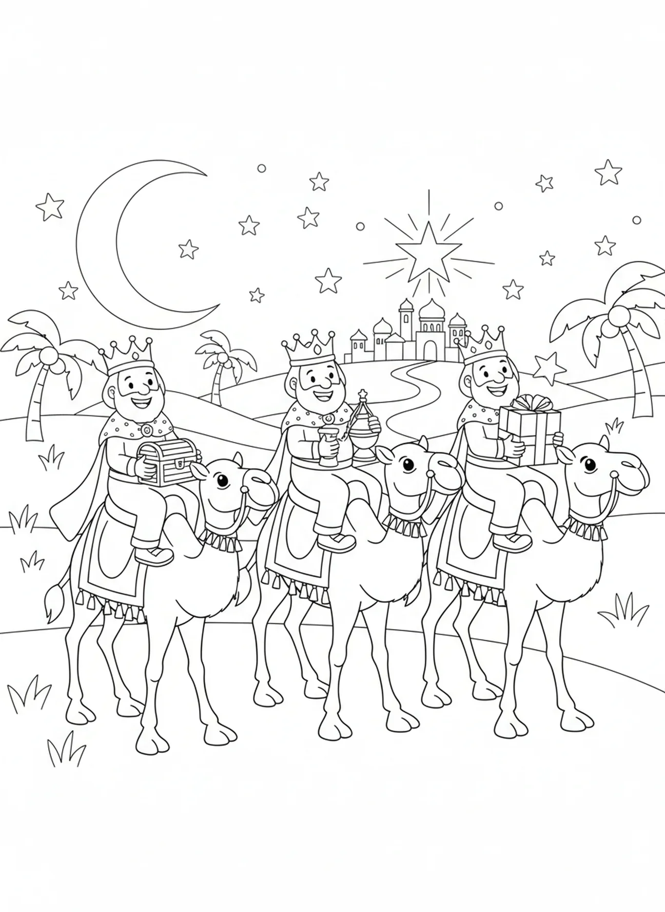 Drei Könige auf dem Heimweg, Ausmalbild zu den Heiligen Drei Königen für Kinder im Alter von 5-10 Jahren.