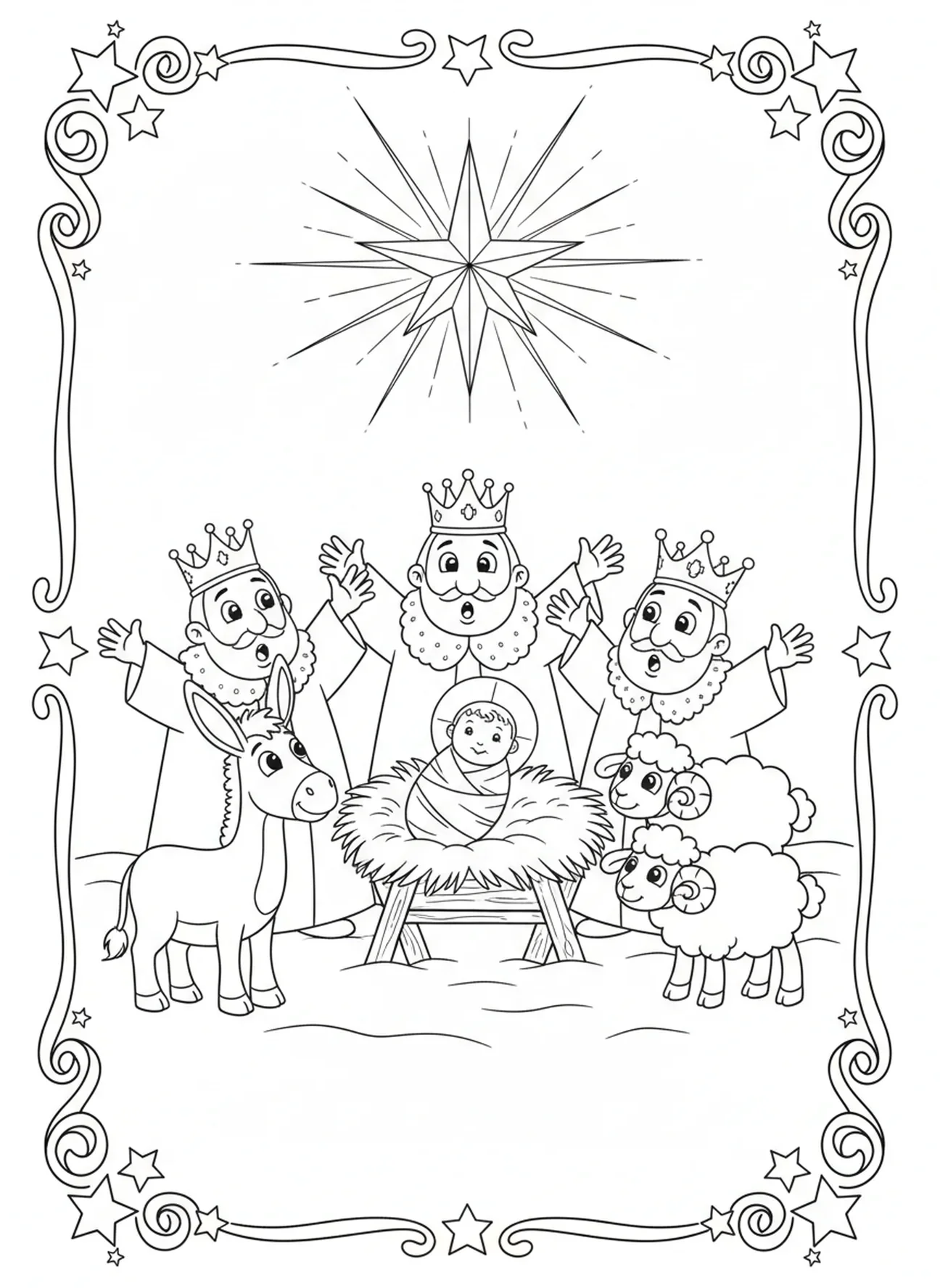 Heller Stern über der Krippe, Ausmalbild zu Epiphanias für Kinder im Alter von 5-10 Jahren.