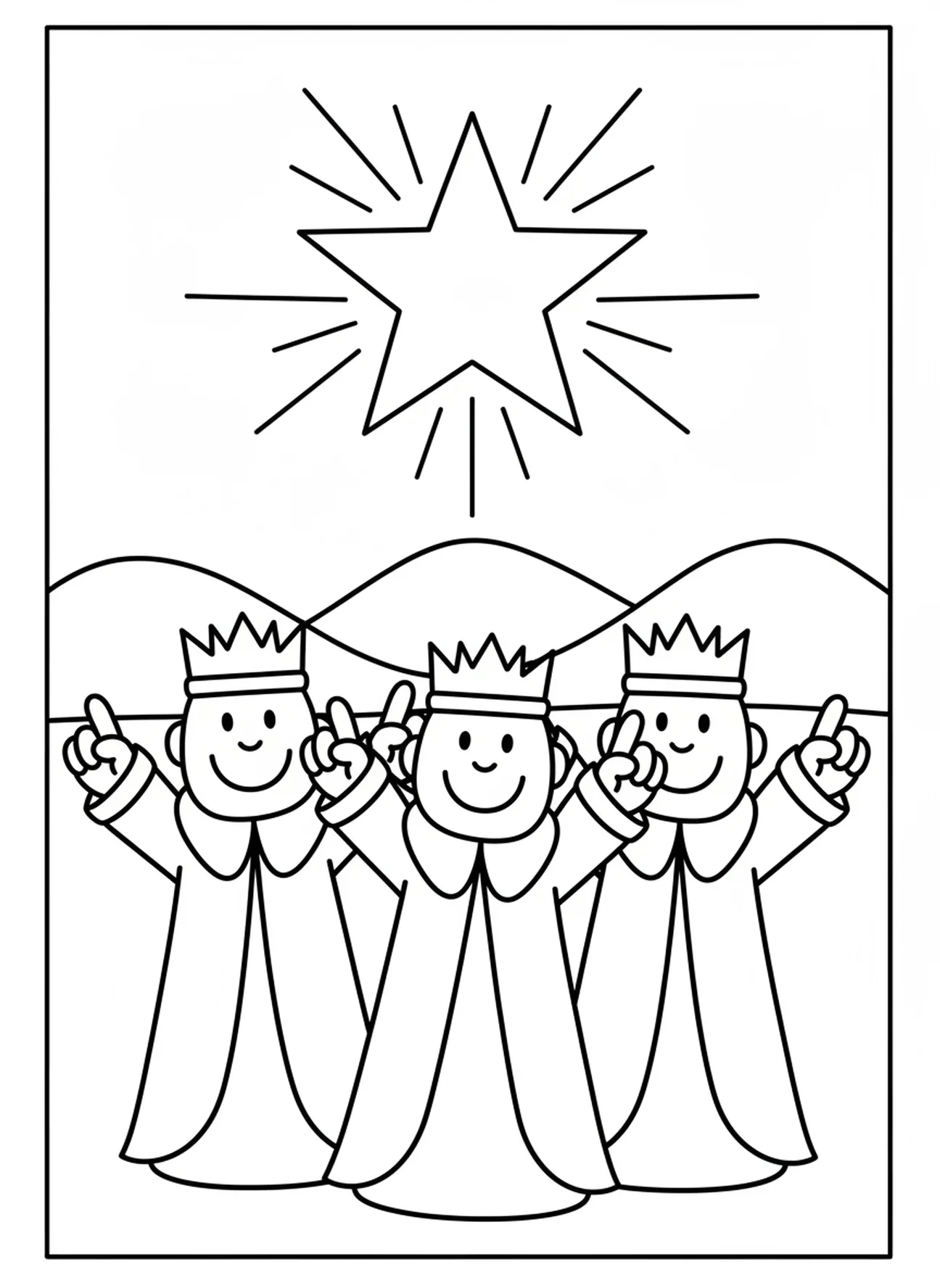 Drei Könige blicken auf einen hellen Stern, Ausmalbild zu Epiphanias für Vorschulkinder im Alter von 3-5 Jahren.
