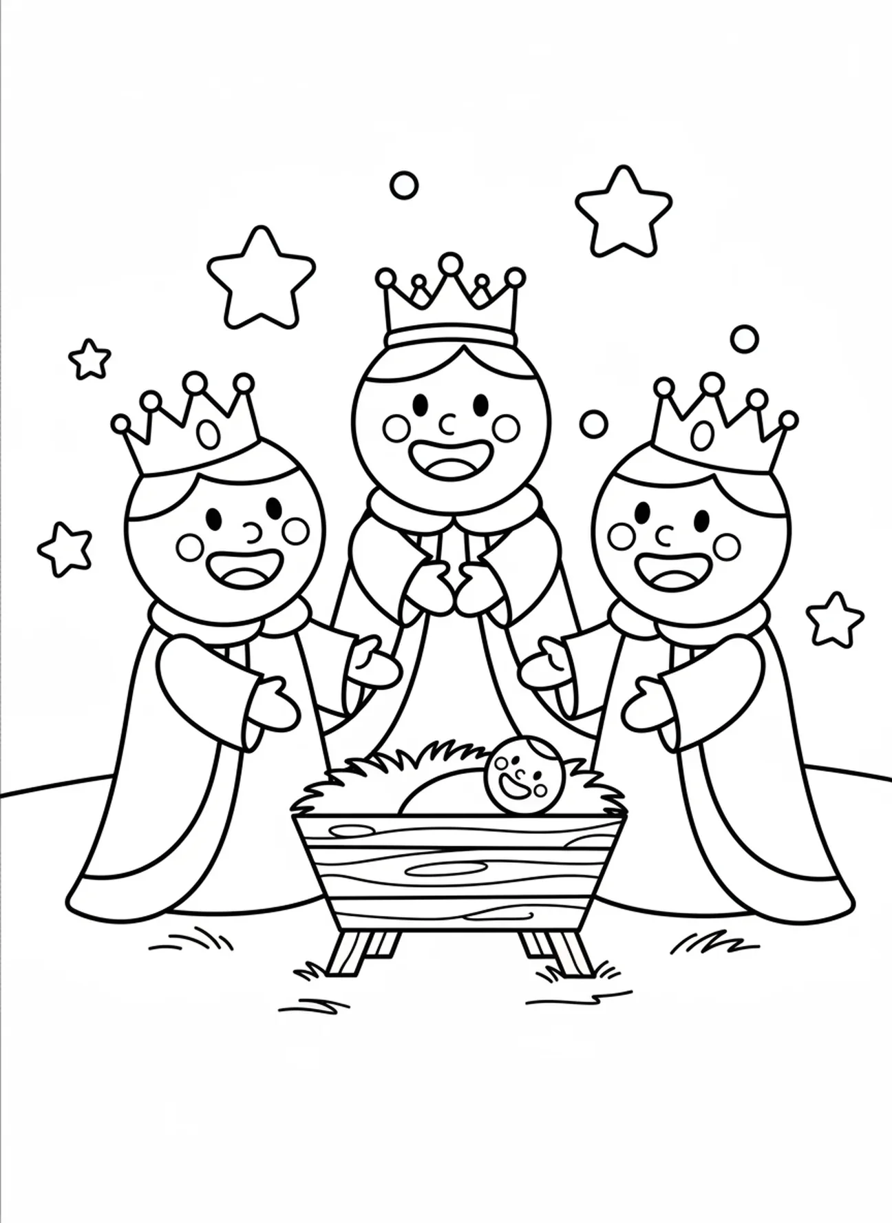 Drei Könige an der Krippe, Ausmalbild zu den Heiligen Drei Königen für Vorschulkinder im Alter von 3-5 Jahren.