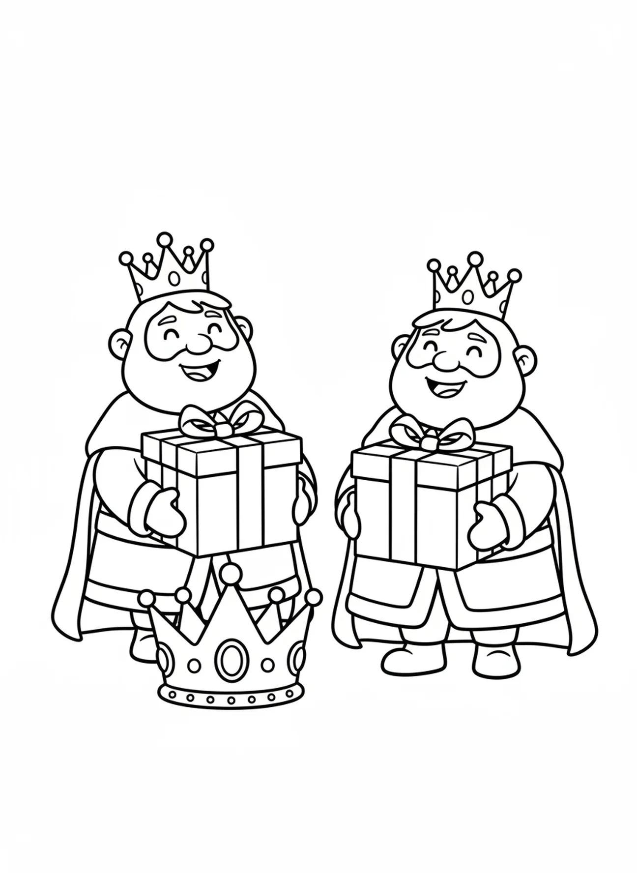 Zwei Könige mit Geschenken, Ausmalbild zu den Heiligen Drei Königen für Vorschulkinder im Alter von 3-5 Jahren.