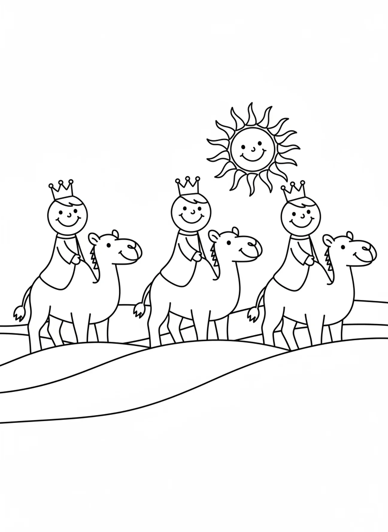 Drei Könige auf Kamelen, Ausmalbild zu Epiphanias für Vorschulkinder im Alter von 3-5 Jahren.