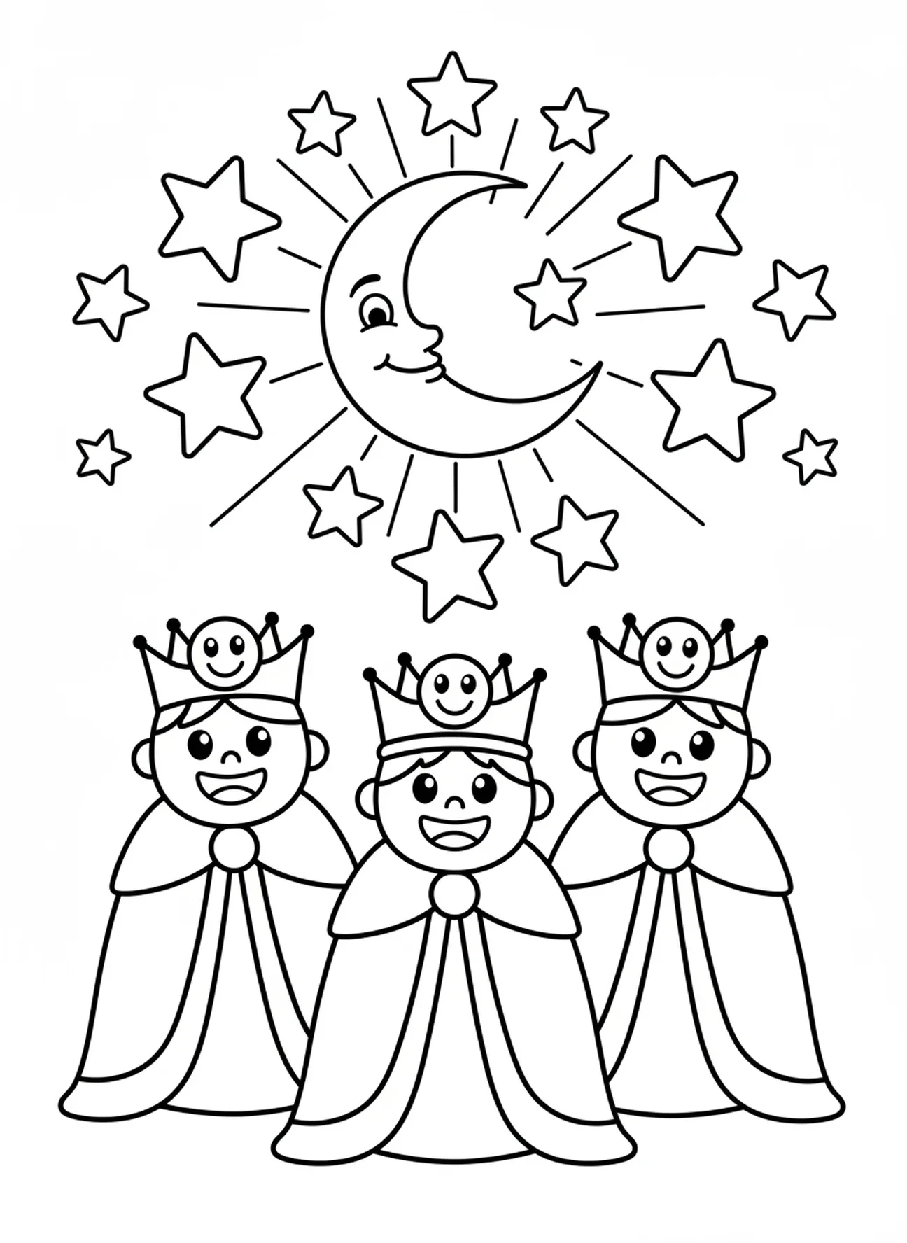 Drei Könige unter einem sternenklaren Himmel, Ausmalbild zu Epiphanias für Vorschulkinder im Alter von 3-5 Jahren.