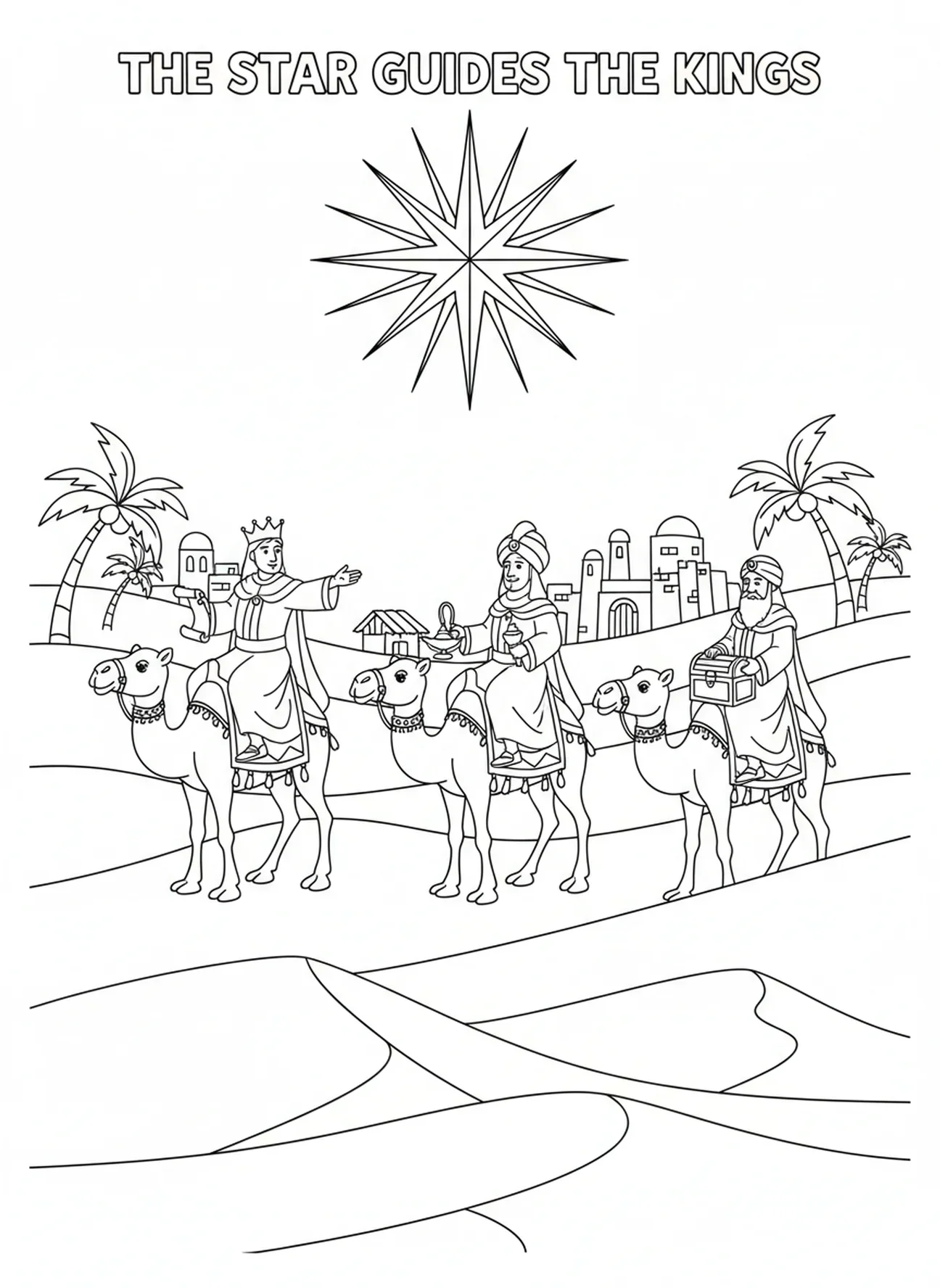 Estrela brilhante que guia, página de colorir dos Três Reis Magos para crianças da Escola Dominical de 5 a 12 anos.