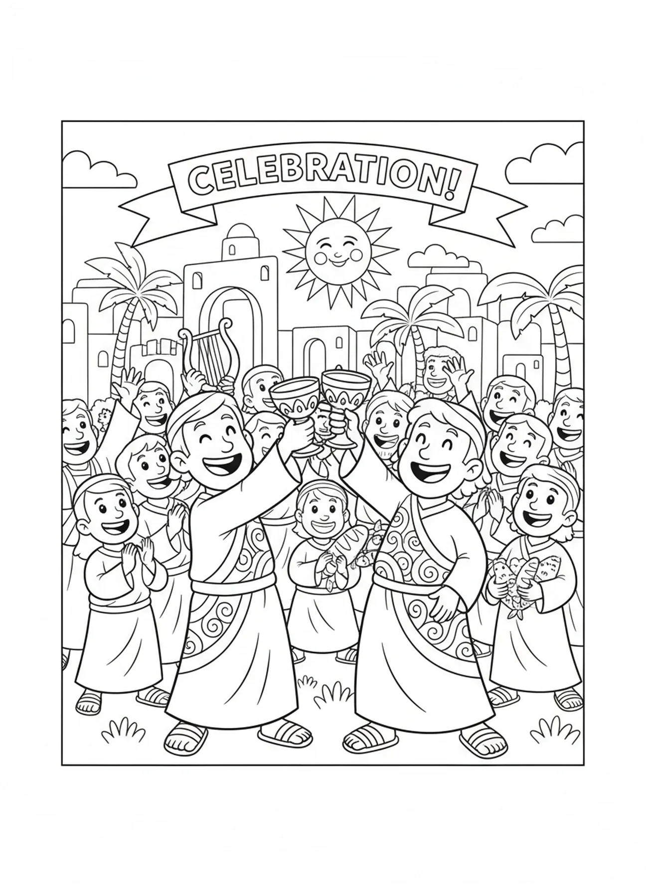 Deux disciples joyeux trinquent avec des calices, page à colorier Calice pour enfants de 5 à 10 ans.