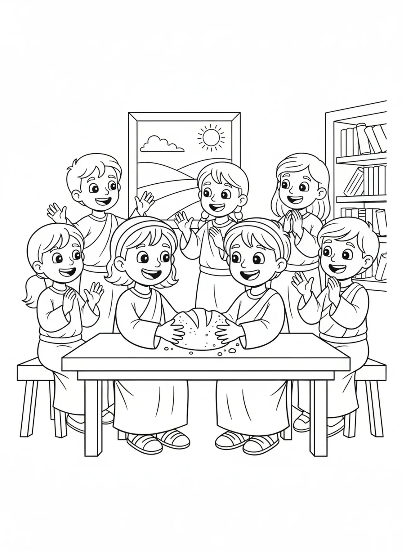 Deux disciples partageant du pain, page à colorier du Calice et de l'Hostie pour les enfants de 5 à 10 ans.