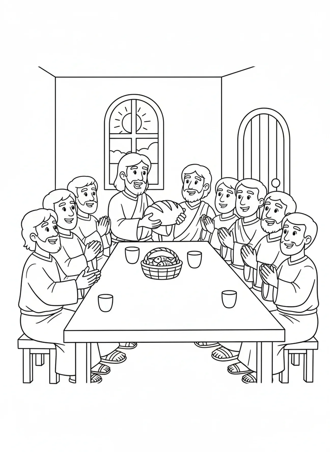 Jésus rompant le pain, page à colorier du Calice et de l'Hostie pour les enfants de 5 à 10 ans.