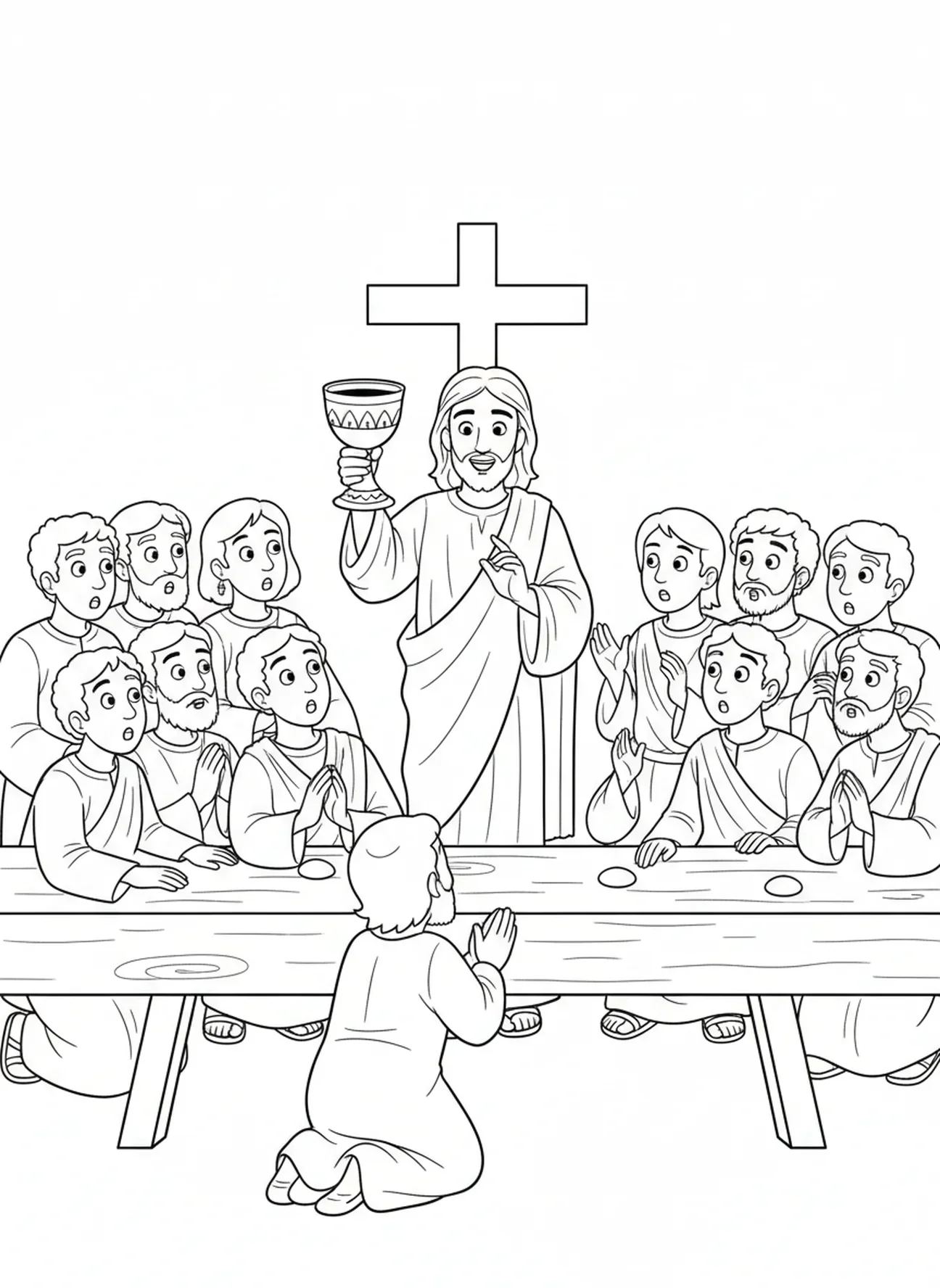 Jésus bénissant le vin, page à colorier du Calice pour les enfants de 5 à 10 ans.