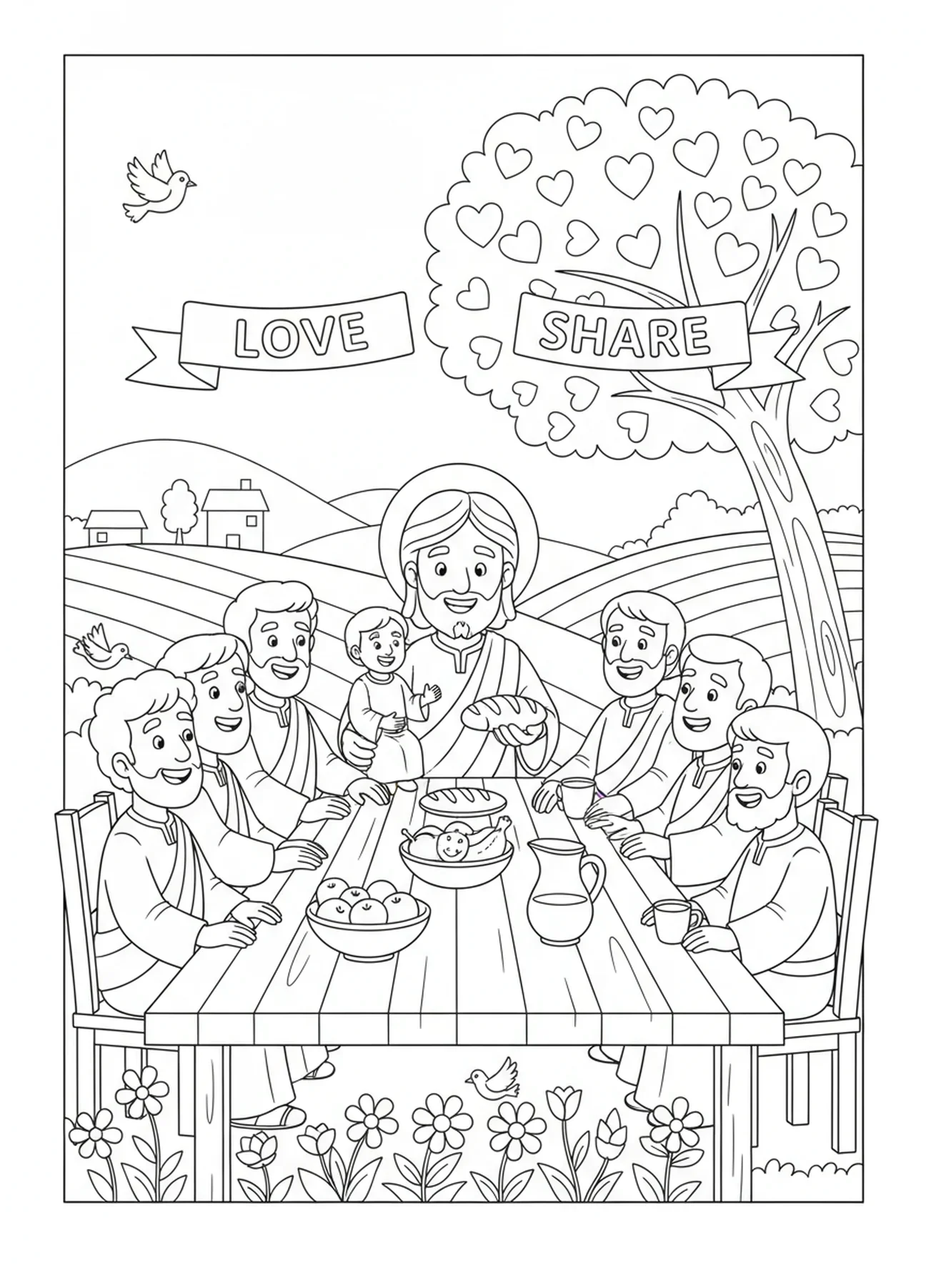 Jésus enseignant les disciples, page à colorier du Calice et de l'Hostie pour les enfants de 5 à 10 ans.