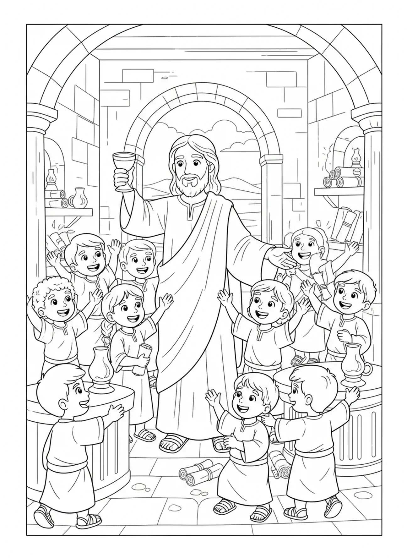 Jesus abençoando o cálice, página para colorir do Cálice para crianças da Escola Dominical de 5 a 12 anos.