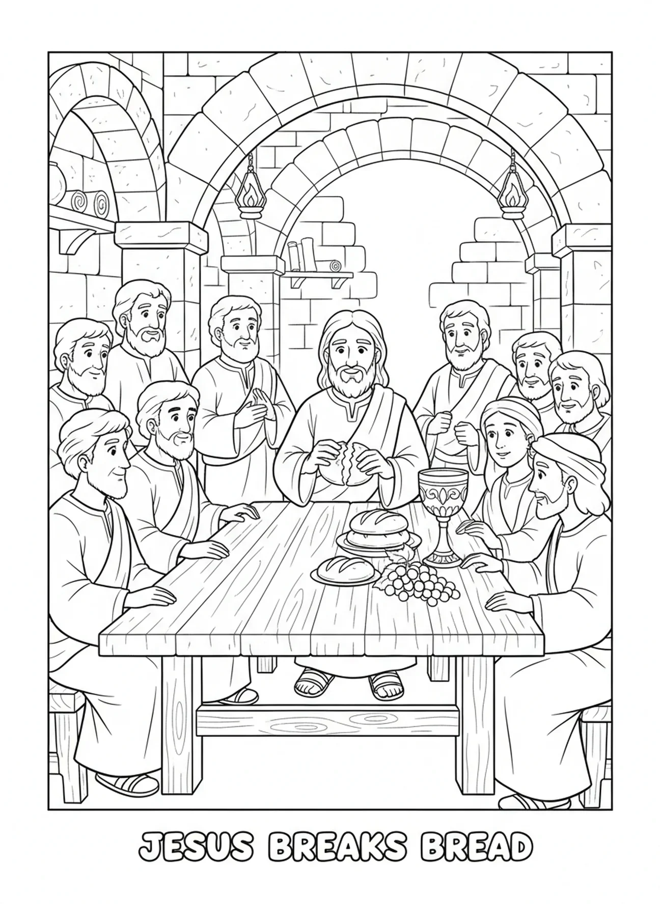 Jesus partindo o pão, página de colorir do Cálice para crianças da Escola Dominical de 5 a 12 anos.