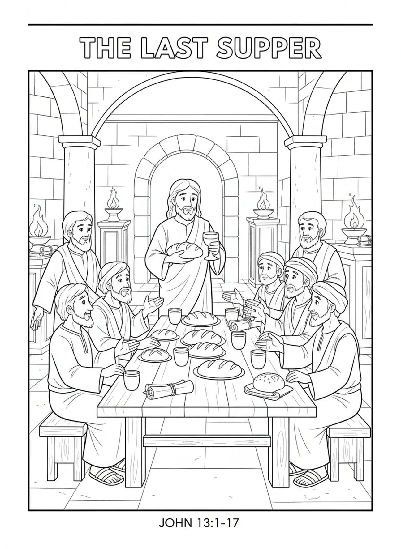 Jesus servindo a comunhão, página para colorir do Cálice e Hóstia para crianças da Escola Dominical de 5 a 12 anos.