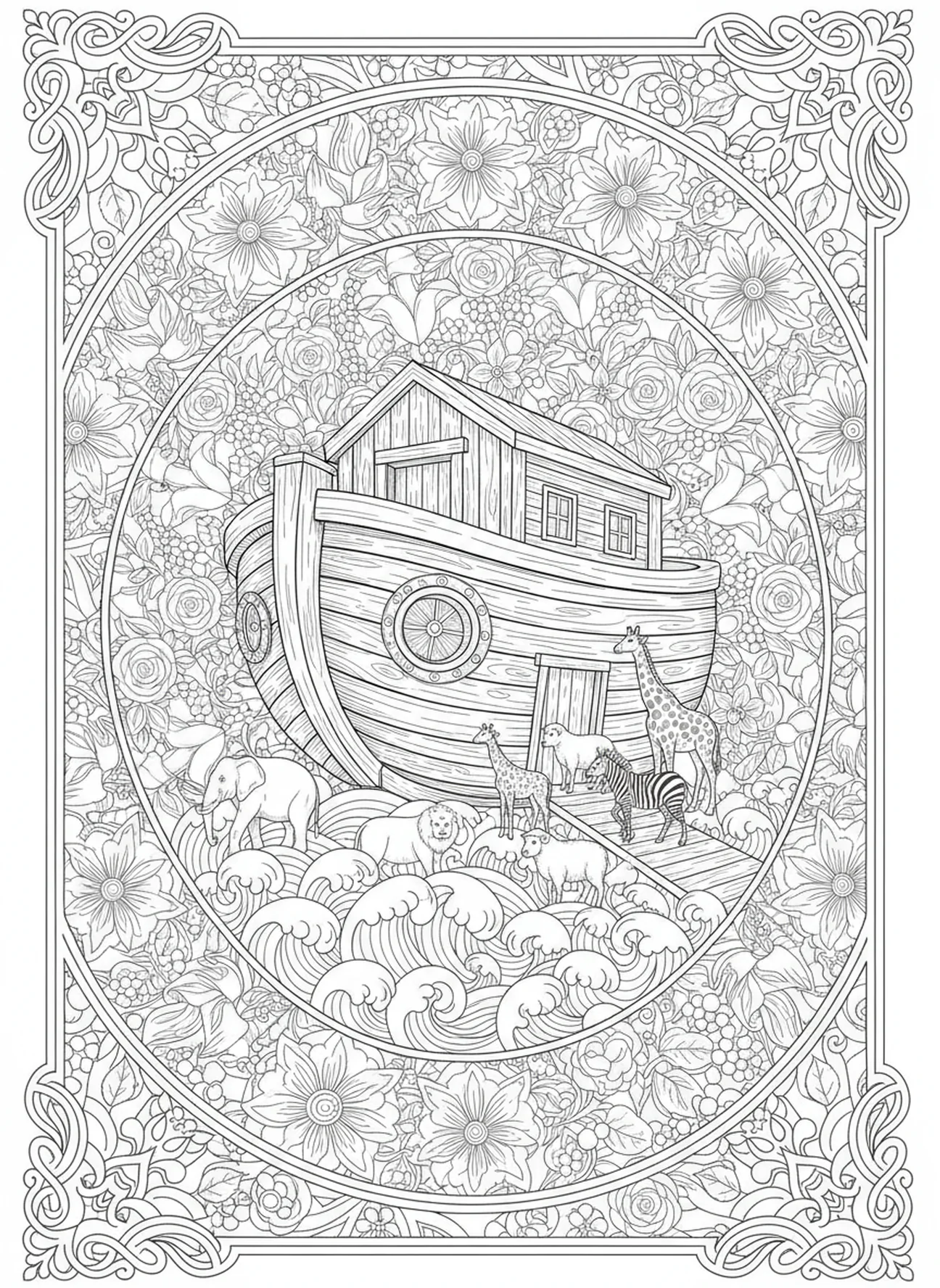 Paires d'animaux montant à bord de l'arche, page de coloriage sur le thème de la foi pour adultes dans un style de journal biblique.
