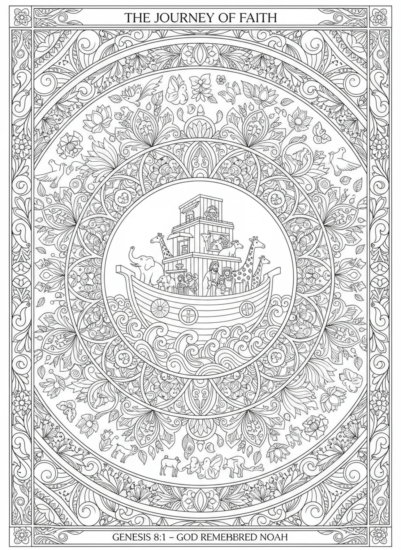 Noé et sa famille sur l'arche, page à colorier sur le thème de la foi pour adultes, style de journal biblique.