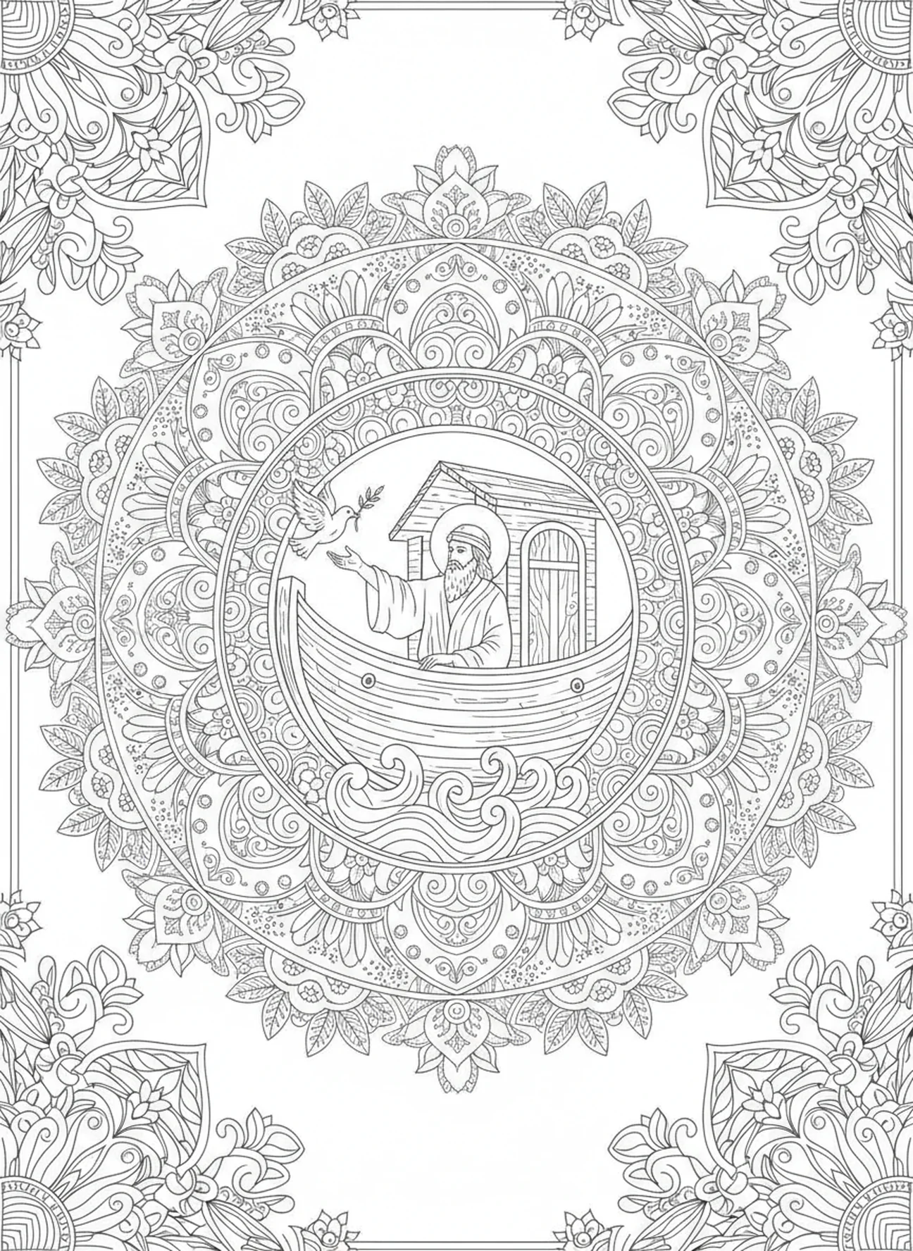 Noé libérant une colombe, page à colorier sur le thème de la foi pour adultes dans un style de journal biblique.