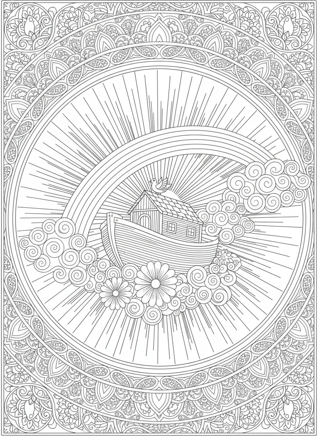 Arc-en-ciel au-dessus de l'arche, page à colorier sur le thème de la foi pour le journal biblique.