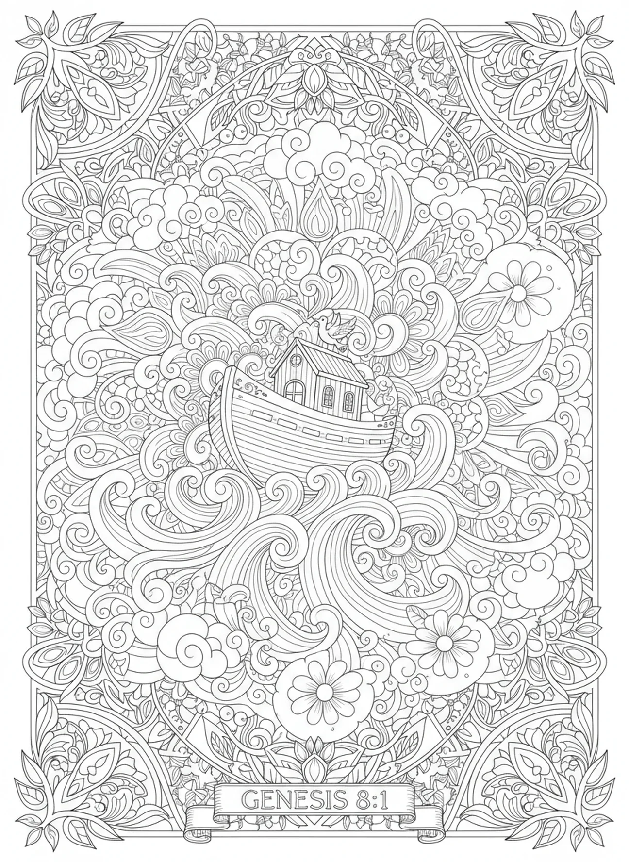 L'arche naviguant à travers des mers orageuses, page à colorier sur le thème de la foi pour adultes, style de journal biblique.