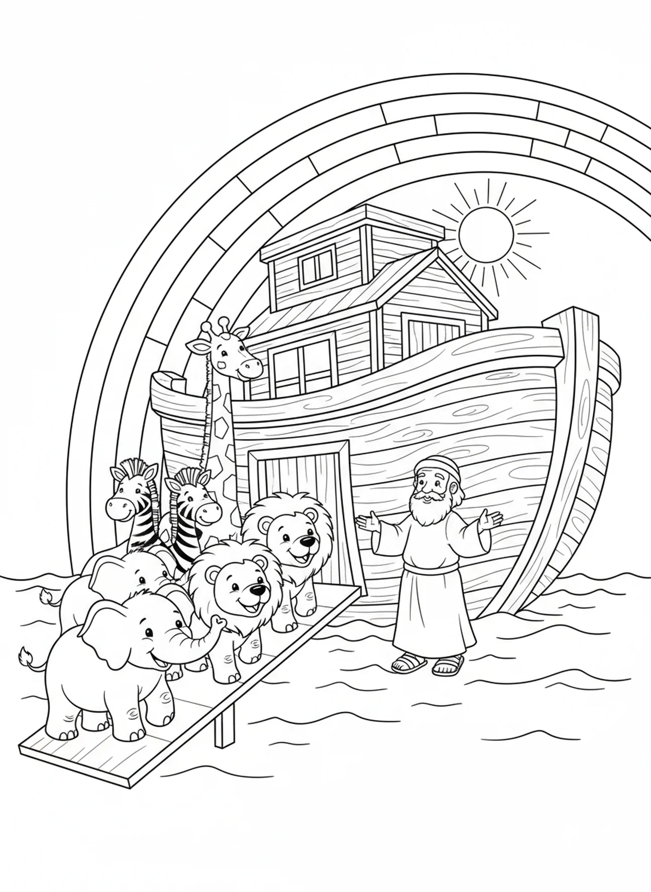 Tierpaare steigen ein, Ausmalbild zum Thema Glauben für Kinder im Alter von 5-10 Jahren