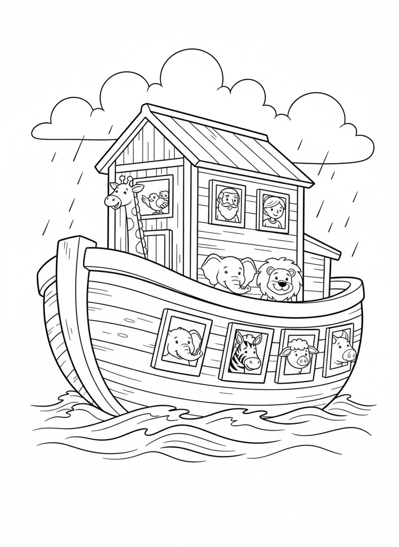 Die Arche schwimmt auf dem Wasser, Malvorlage zum Thema Glauben für Kinder im Alter von 5-10 Jahren