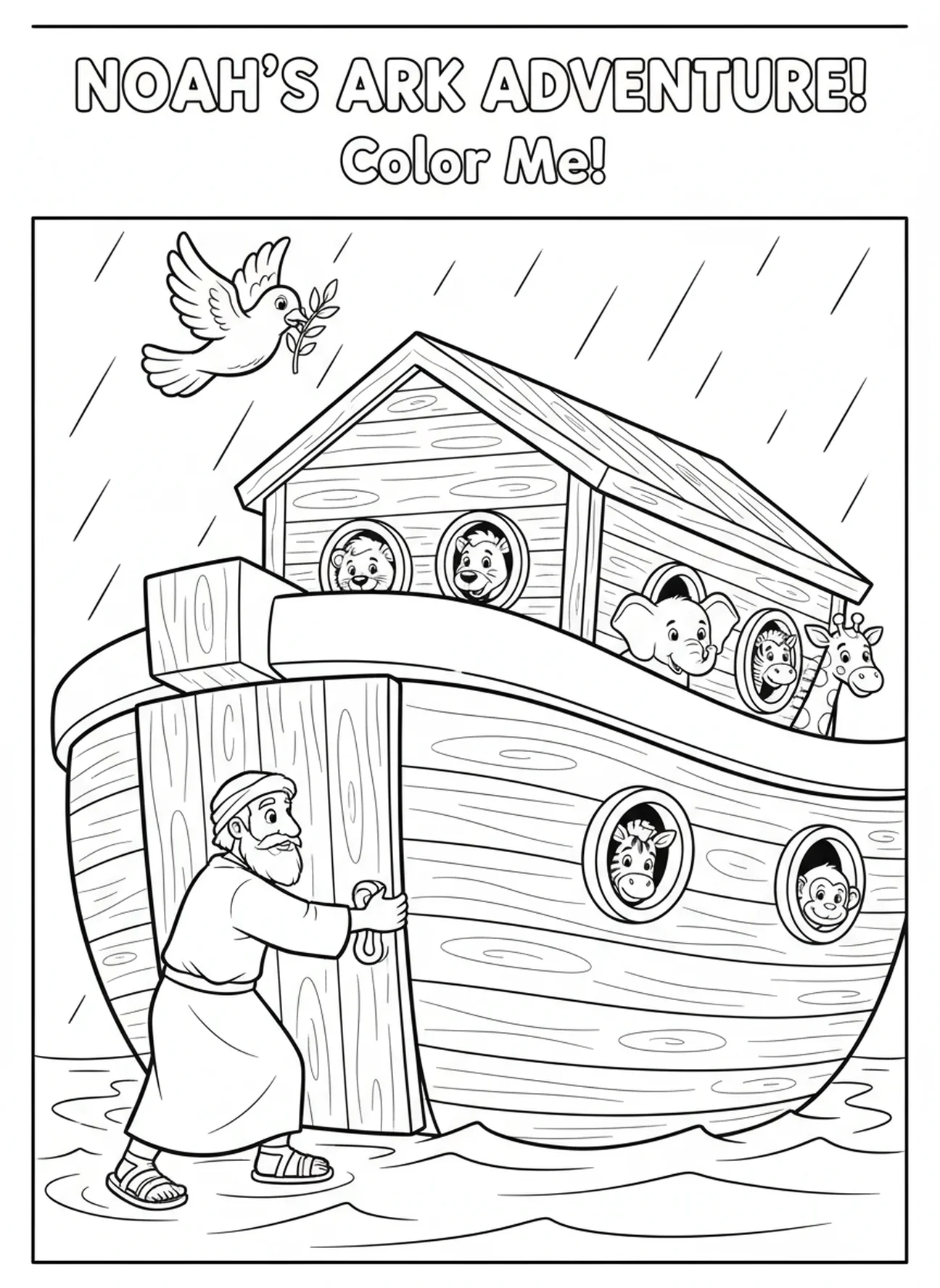 Noah schließt die Tür der Arche, Ausmalbild zum Thema Glauben für Kinder im Alter von 5-10 Jahren
