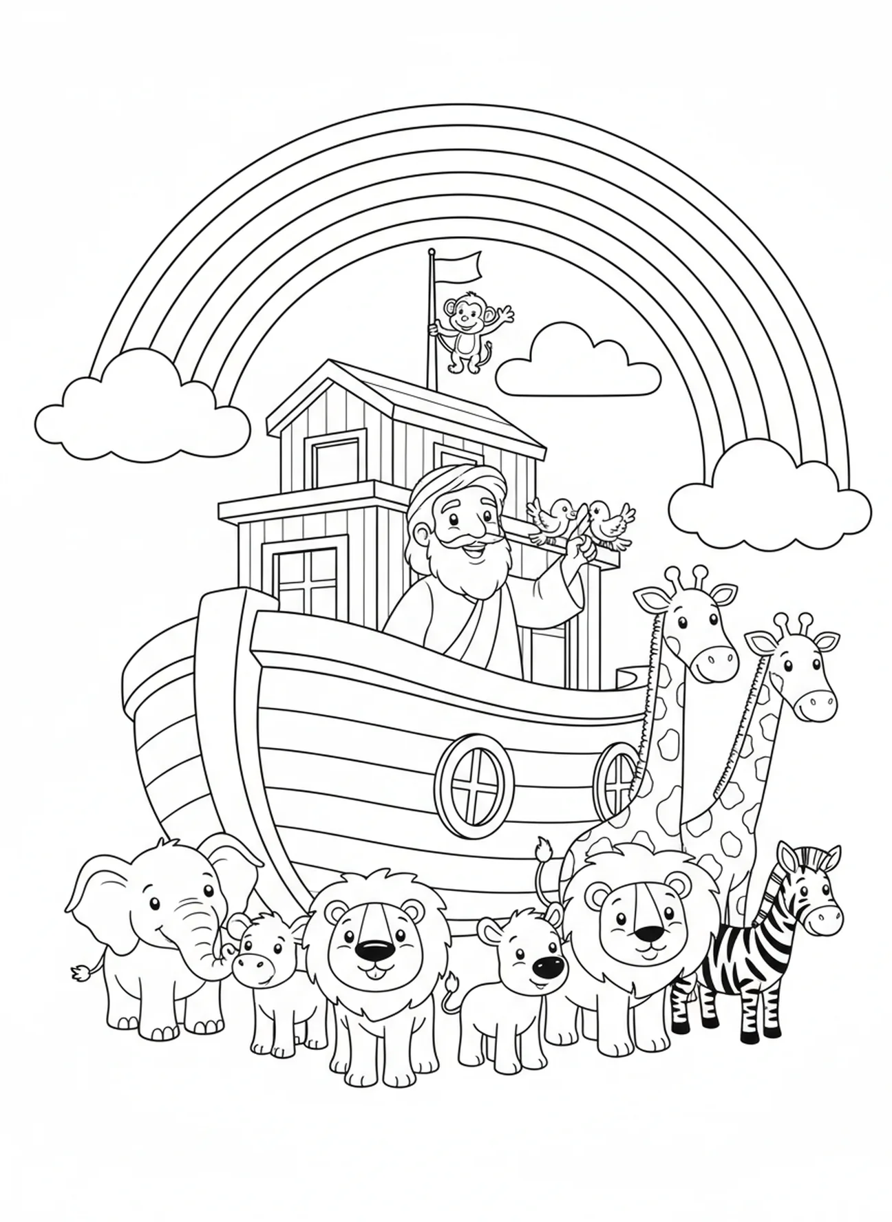 Regenbogen über der Arche, Glauben-Bibel-Thema Malvorlage für Kinder im Alter von 5-10 Jahren