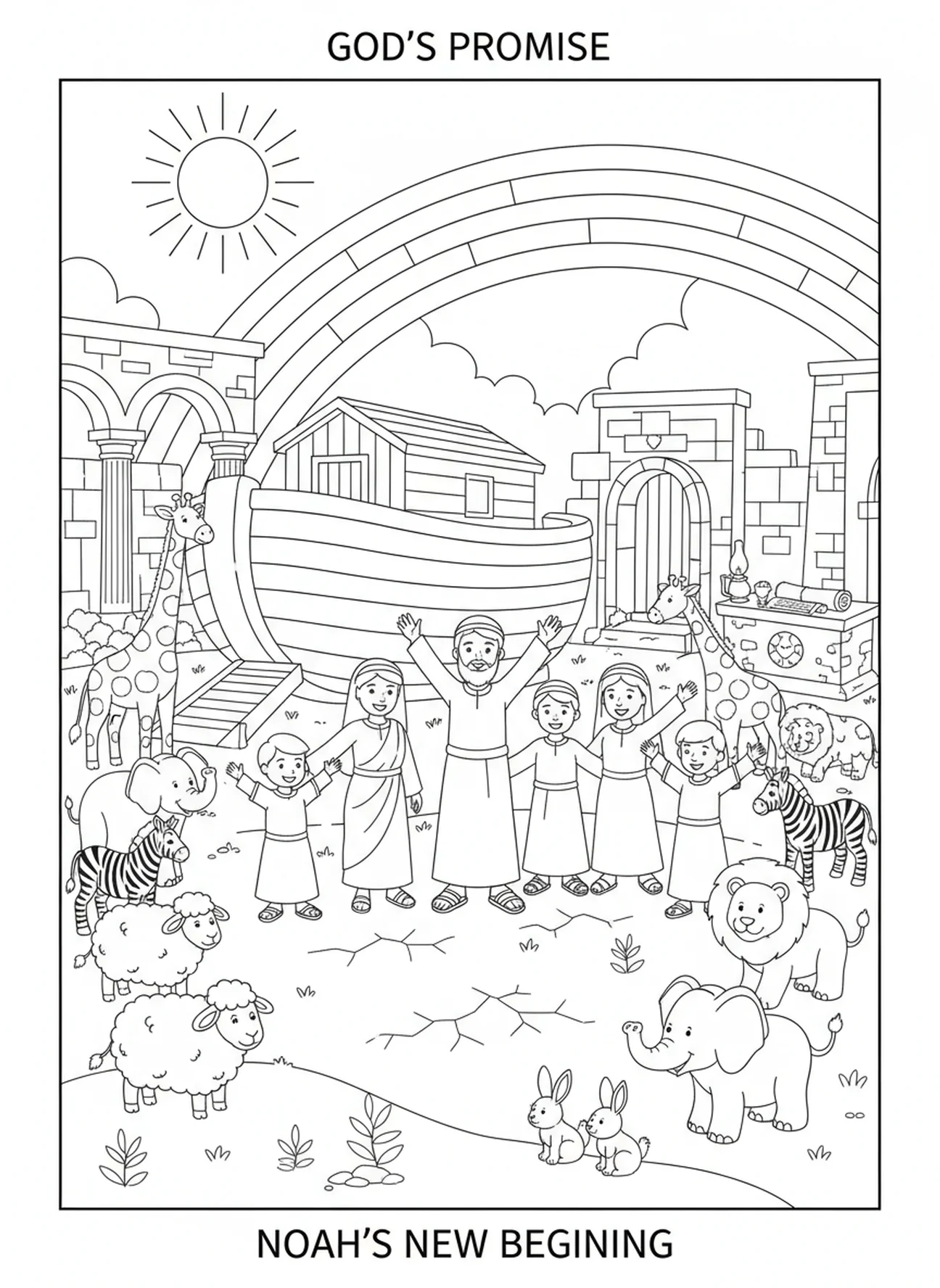 Noah und seine Familie feiern, Ausmalbild zum Thema Glauben für Kinder in der Sonntagsschule im Alter von 5-12 Jahren.