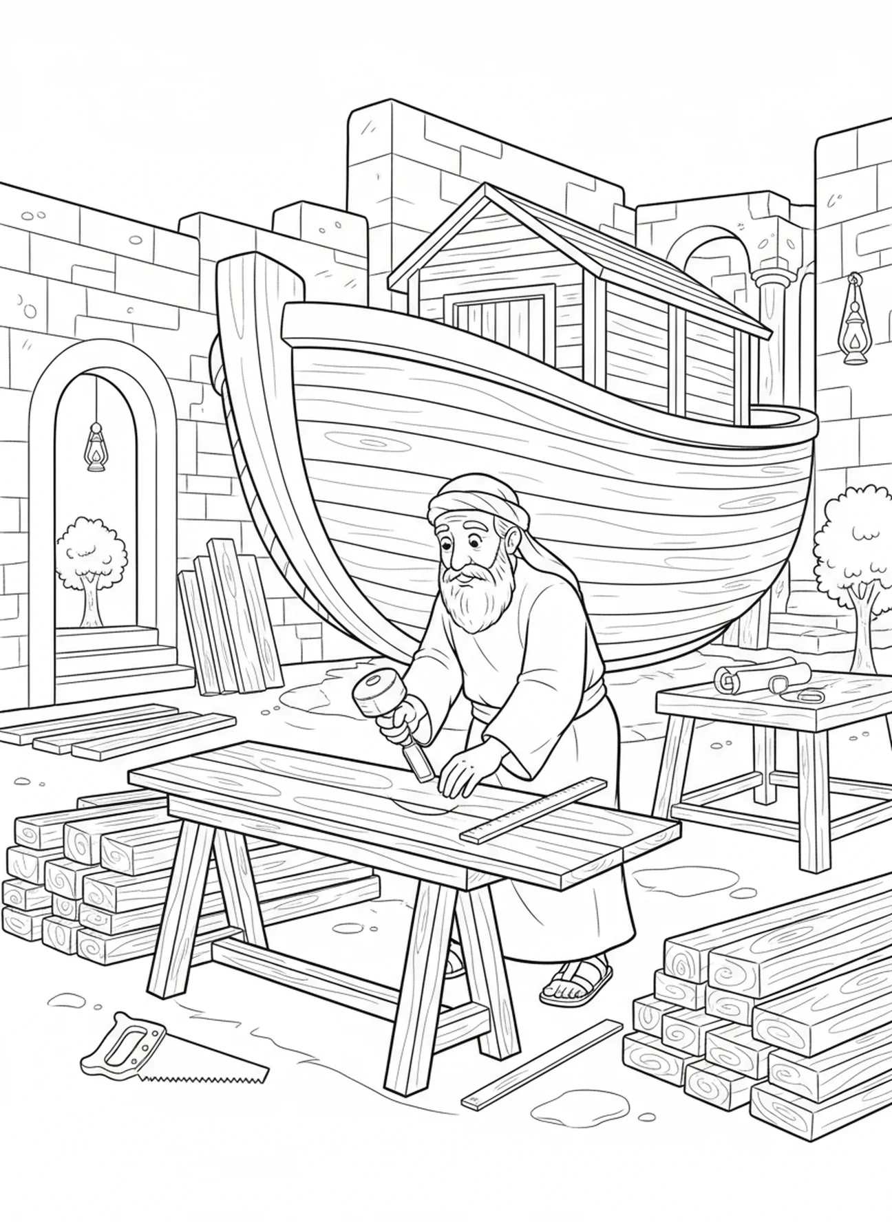 Noah arbeitet an der Arche, Ausmalbild zum Thema Glauben für die Sonntagsschule für Kinder im Alter von 5-12 Jahren.