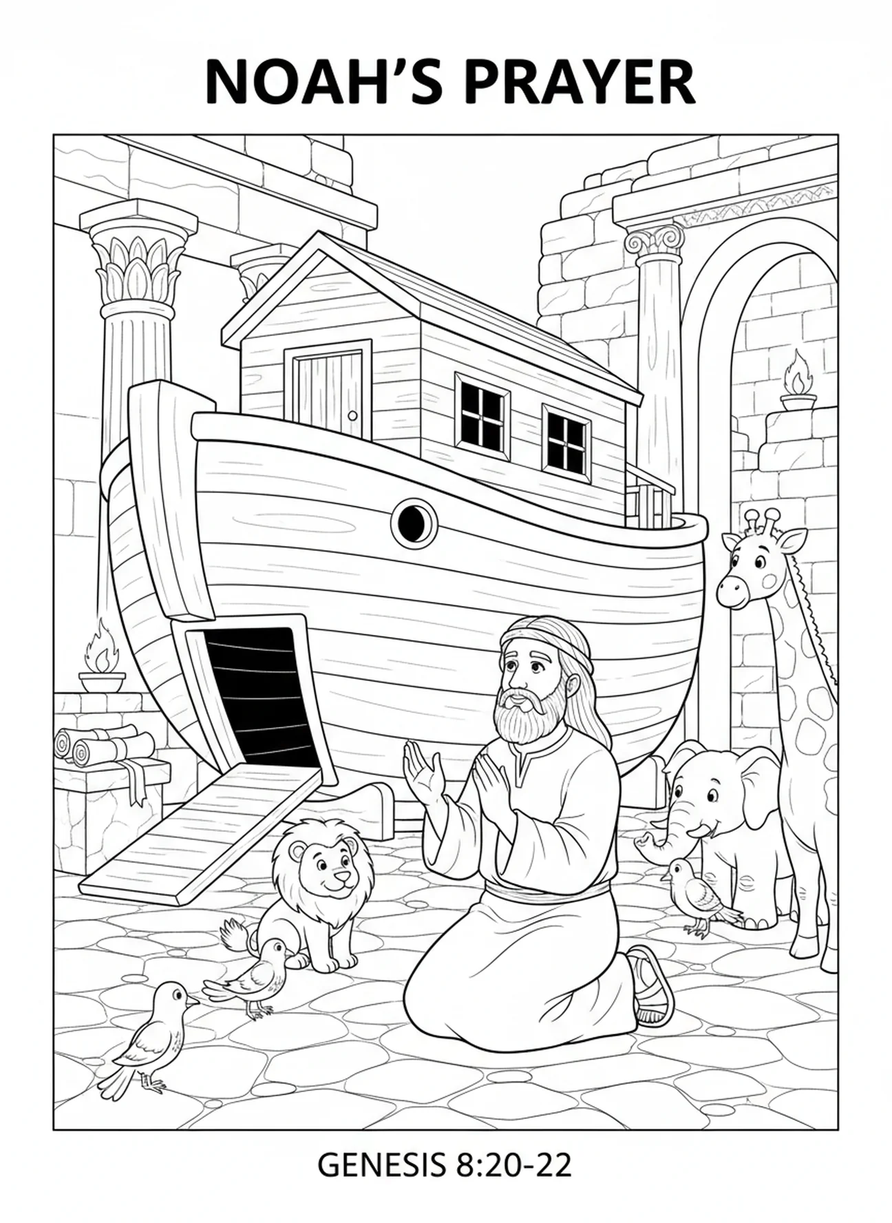 Noah betet neben der Arche, Ausmalbild zum Thema Glauben für die Sonntagsschule für Kinder im Alter von 5-12 Jahren.