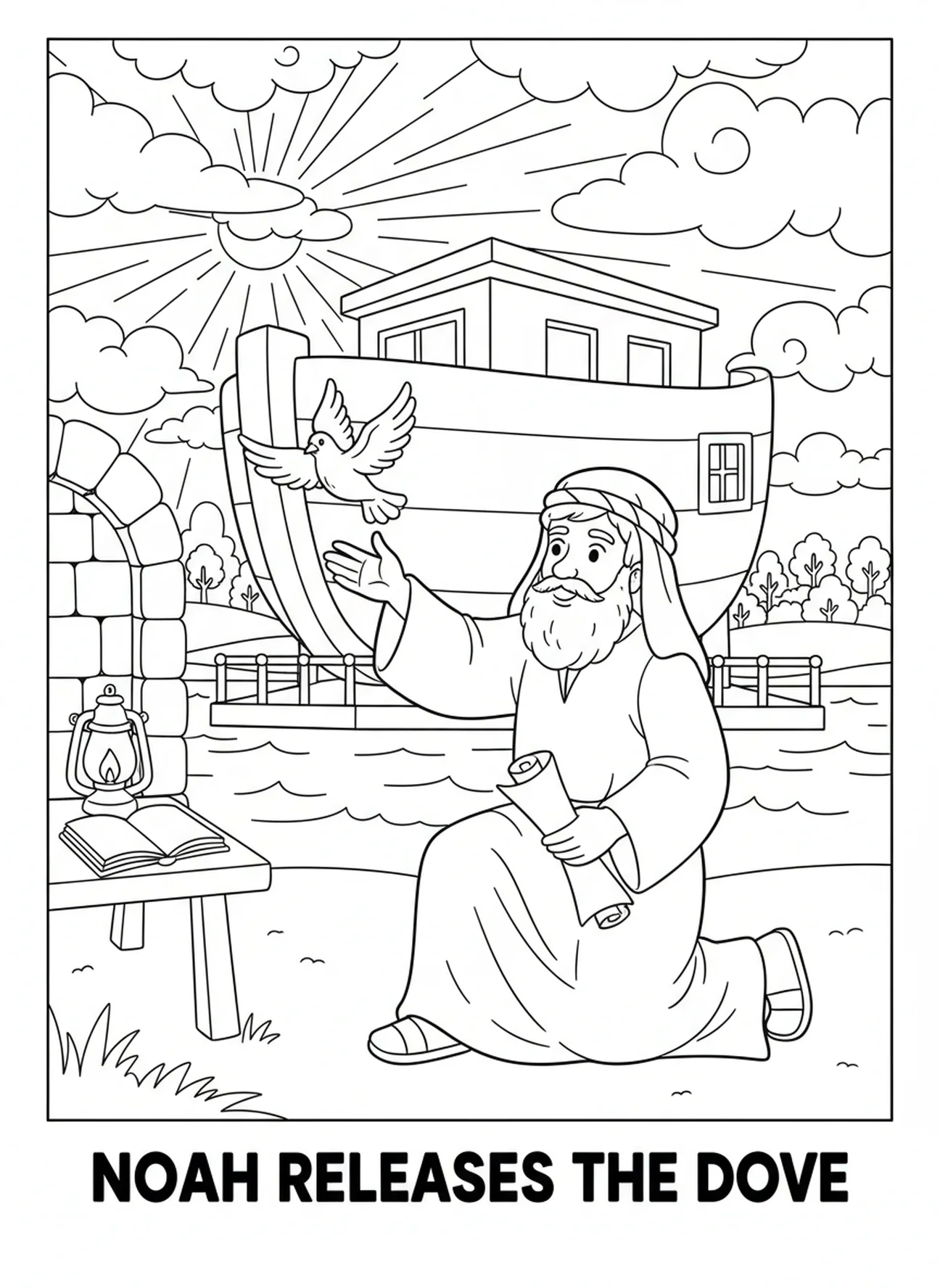 Noah, der eine Taube freilässt, Ausmalbild zum Thema Glauben für die Sonntagsschule für Kinder im Alter von 5-12 Jahren.
