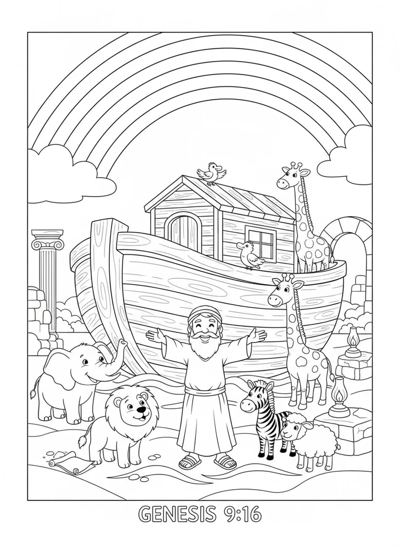 Regenbogen, der über die Arche gespannt ist, Ausmalbild zum Thema Glauben für Kinder im Religionsunterricht im Alter von 5-12 Jahren.