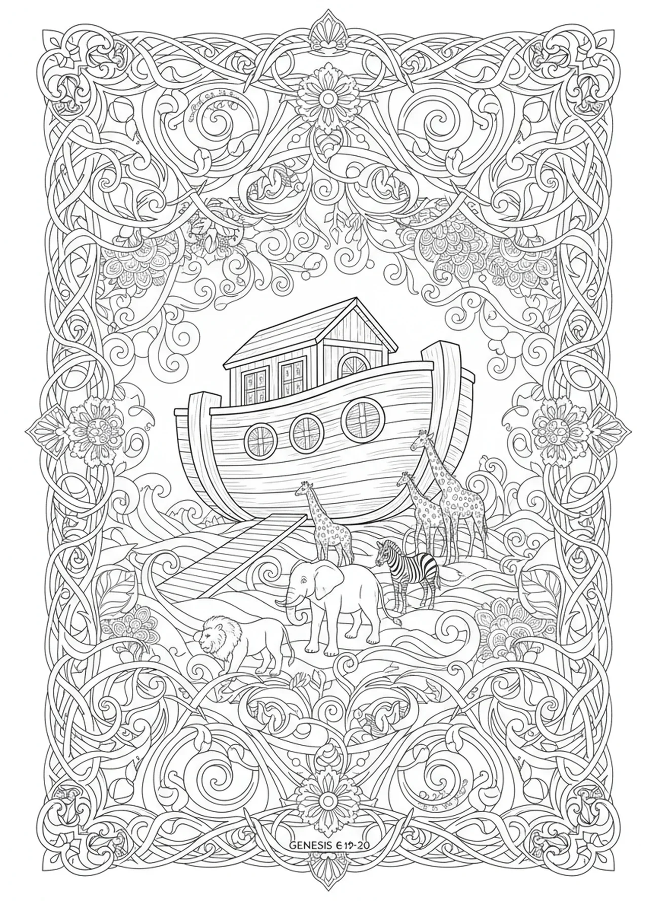 Paires d'animaux entrant dans l'arche, page à colorier sur la foi pour adultes dans un style de journal biblique