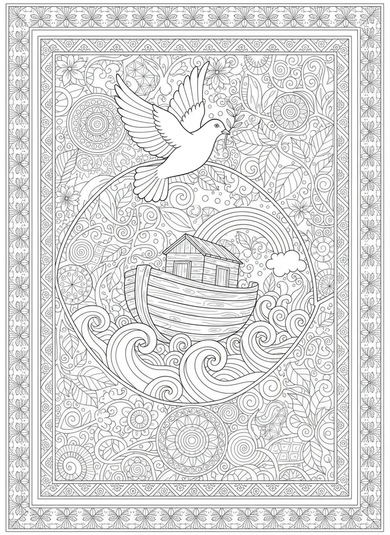 Colombe portant une branche d'olivier, page à colorier sur la foi pour adultes dans le style du journal biblique