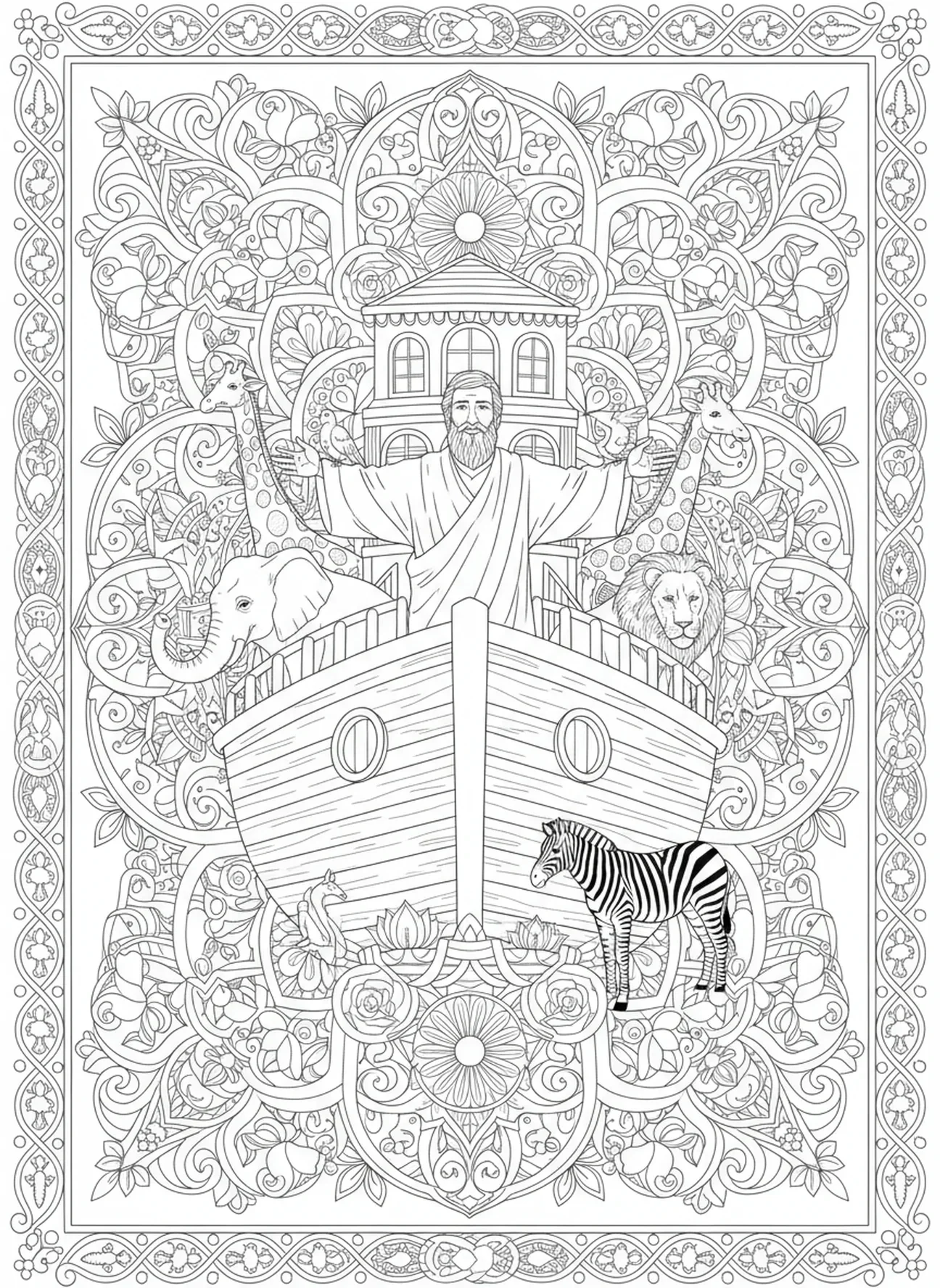 Noé debout avec des animaux sur l'arche, page à colorier sur la foi pour adultes dans le style du journal biblique