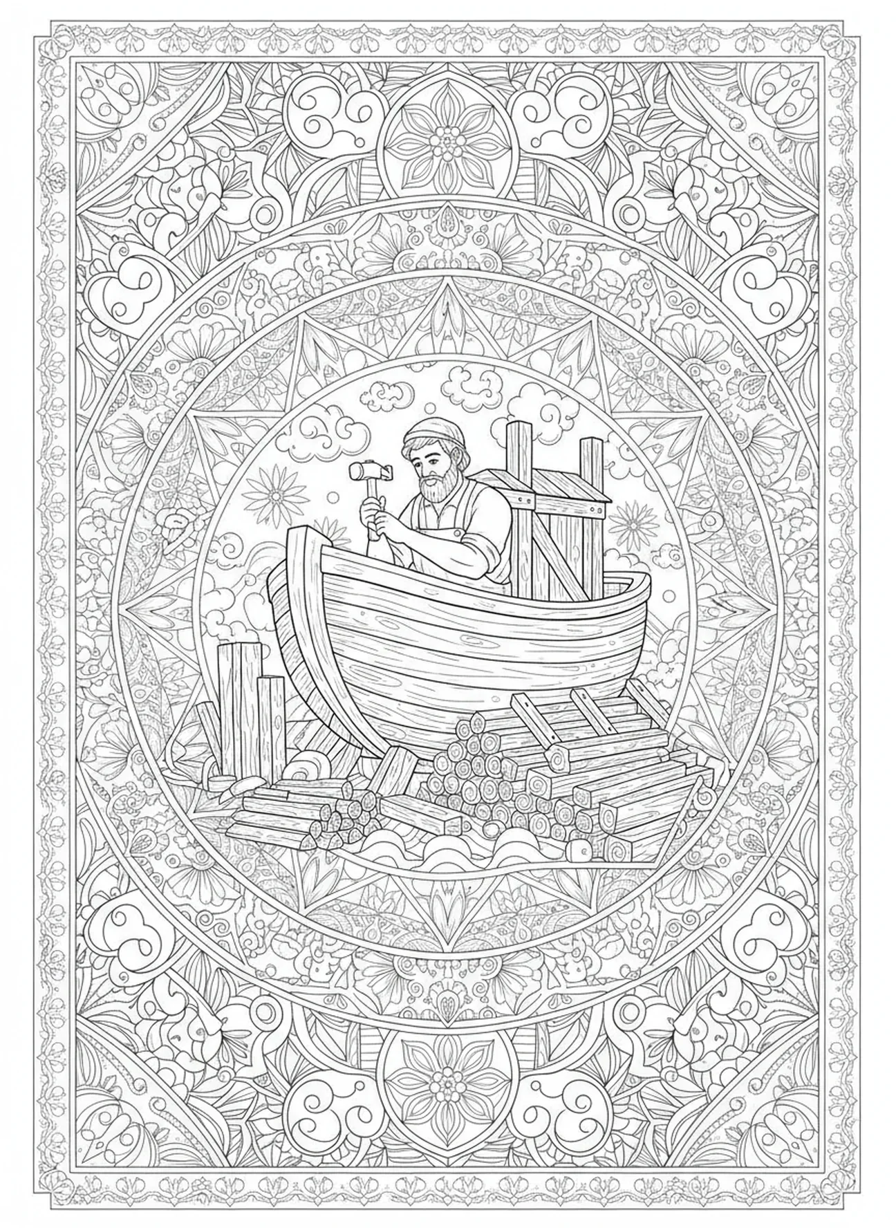 Noé construisant l'arche, page à colorier sur la foi pour adultes dans le style du journal biblique