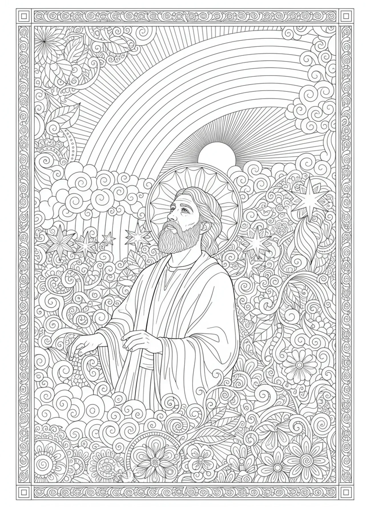 Noé contemplant l'arc-en-ciel, page à colorier pour adultes dans le style du journal biblique