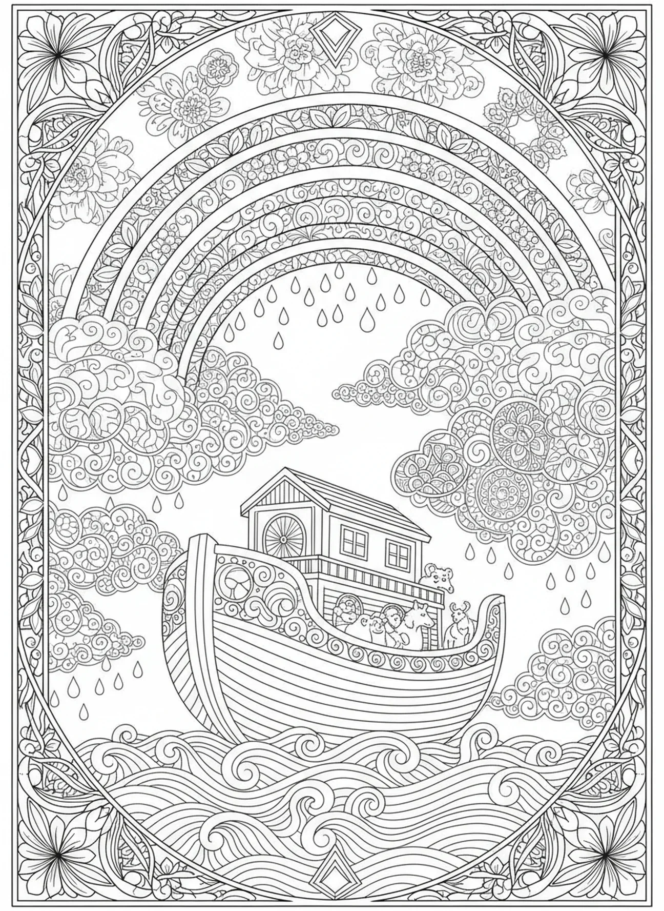 Arc-en-ciel au-dessus de l'arche, page à colorier de foi pour le style de journal biblique pour adultes