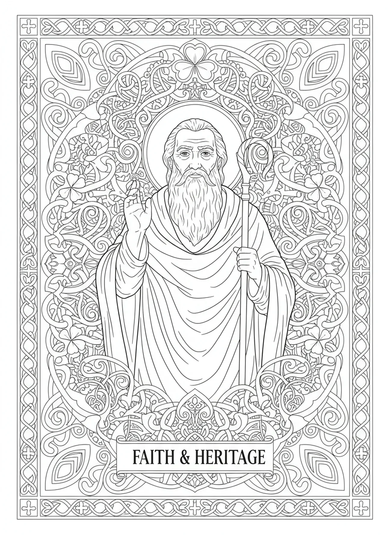 Sankt Patrick mit Stab, Ausmalbild für den Allerheiligentag im Stil des Bibeljournaling für Erwachsene
