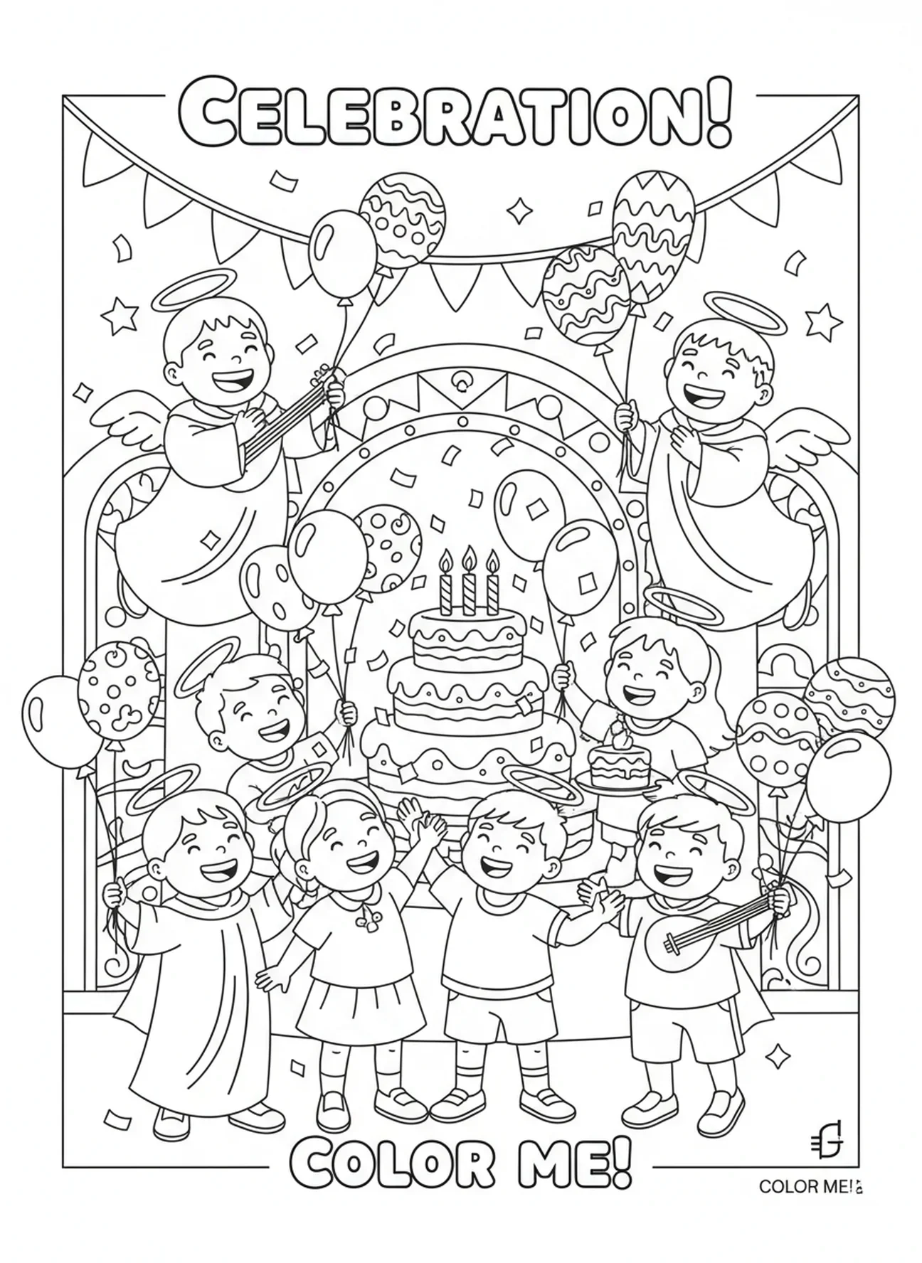 Crianças celebrando, página de colorir para o Dia de Todos os Santos para crianças de 5 a 10 anos