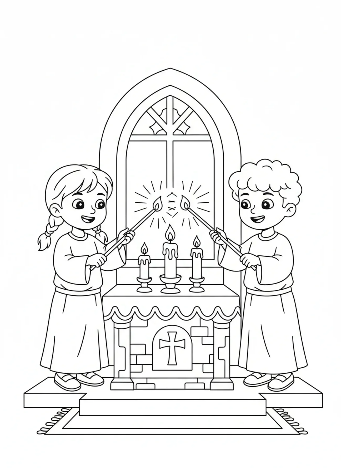Crianças acendendo velas, página de colorir para o Dia de Todos os Santos para crianças de 5 a 10 anos