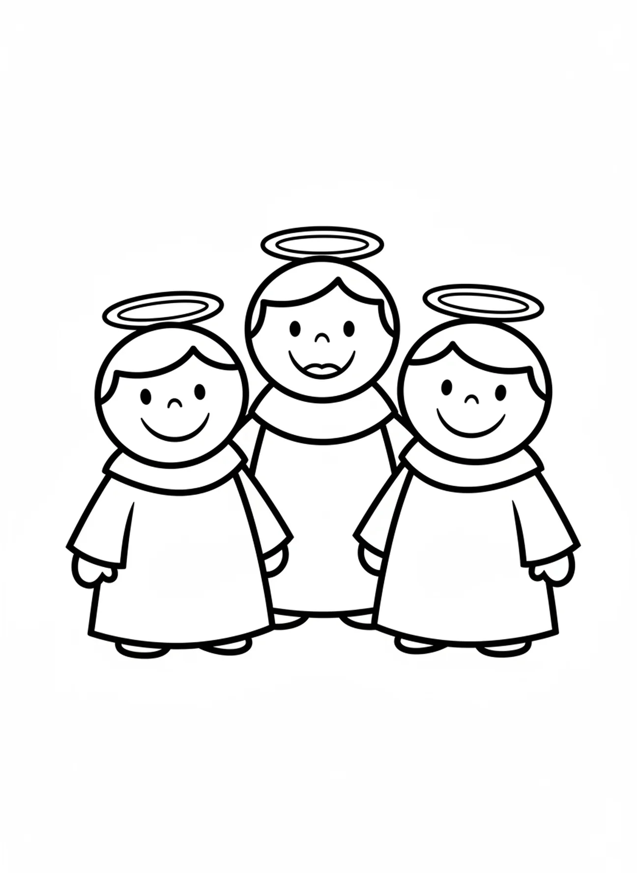 Groupe de trois saints en dessin animé, page à colorier pour la Toussaint destinée aux enfants de 3 à 5 ans.