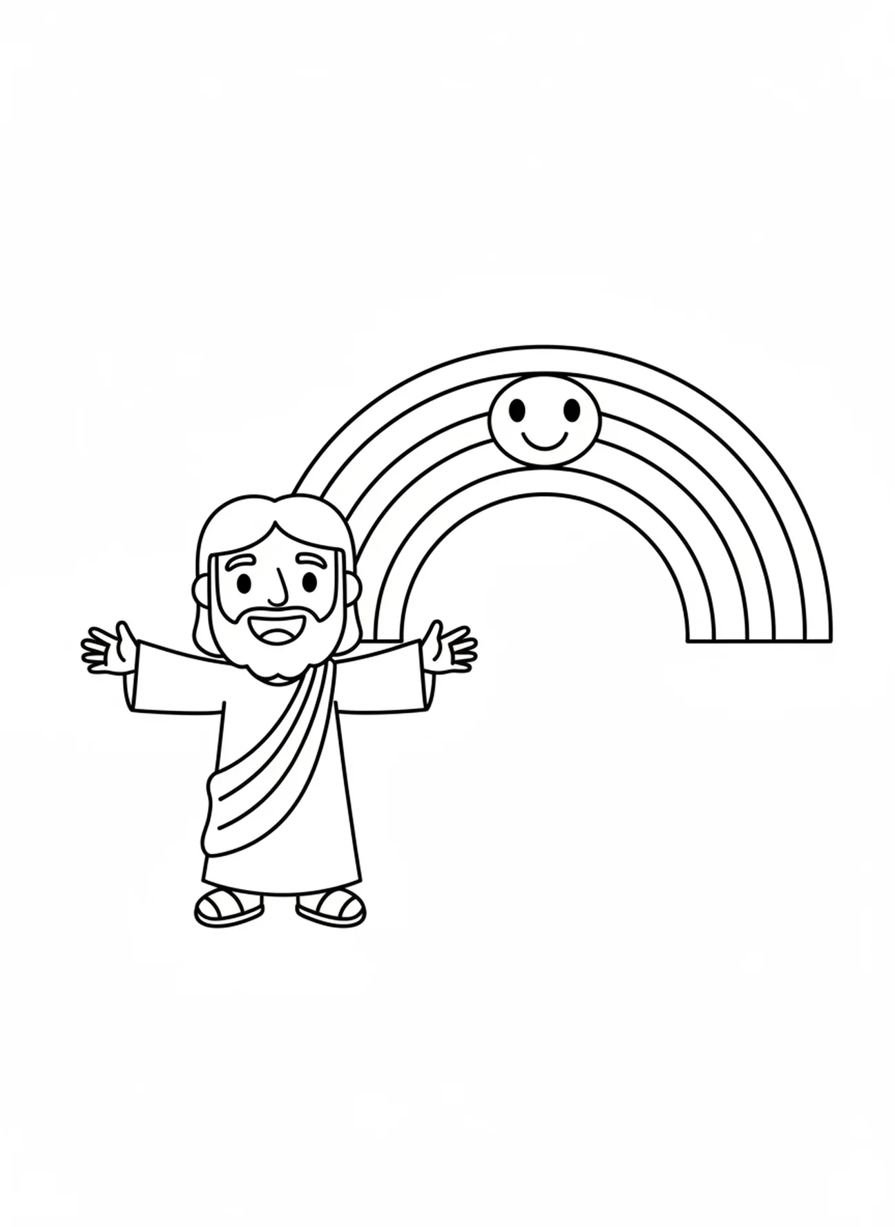 Jésus joyeux en dessin animé, page à colorier pour la Toussaint destinée aux enfants de 3 à 5 ans.