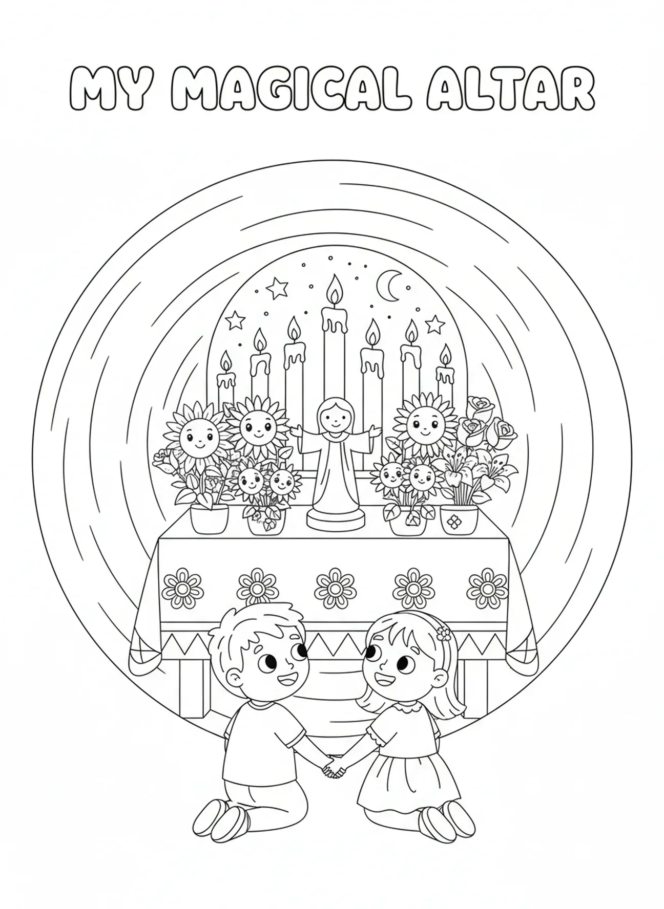 Autel décoré avec des bougies allumées, page à colorier pour la Toussaint pour les enfants de 5 à 10 ans.