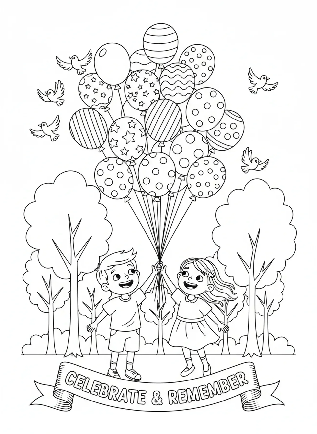 Deux enfants lâchant des ballons colorés, page à colorier pour la Toussaint pour les enfants de 5 à 10 ans.