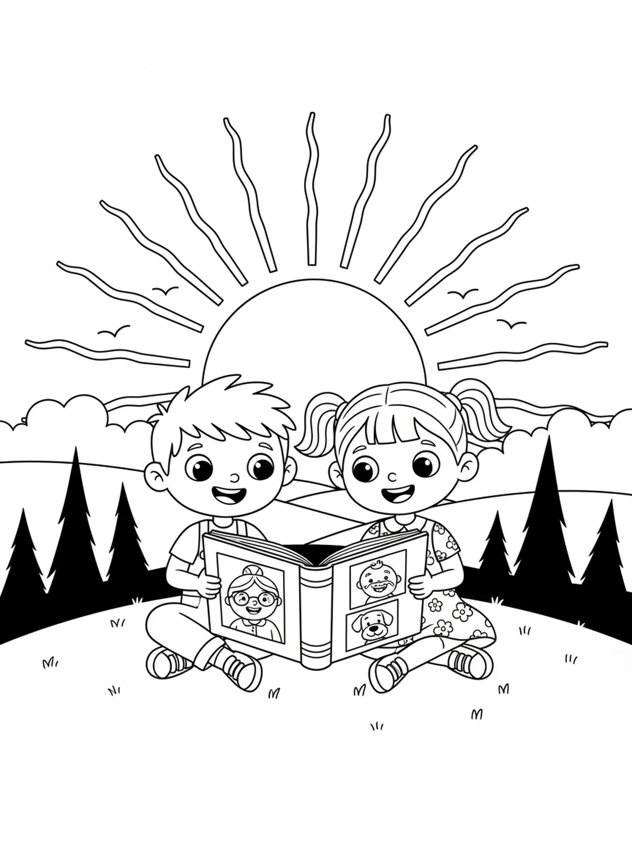 Deux enfants regardant un album photo, page à colorier pour la Toussaint destinée aux enfants de 5 à 10 ans.
