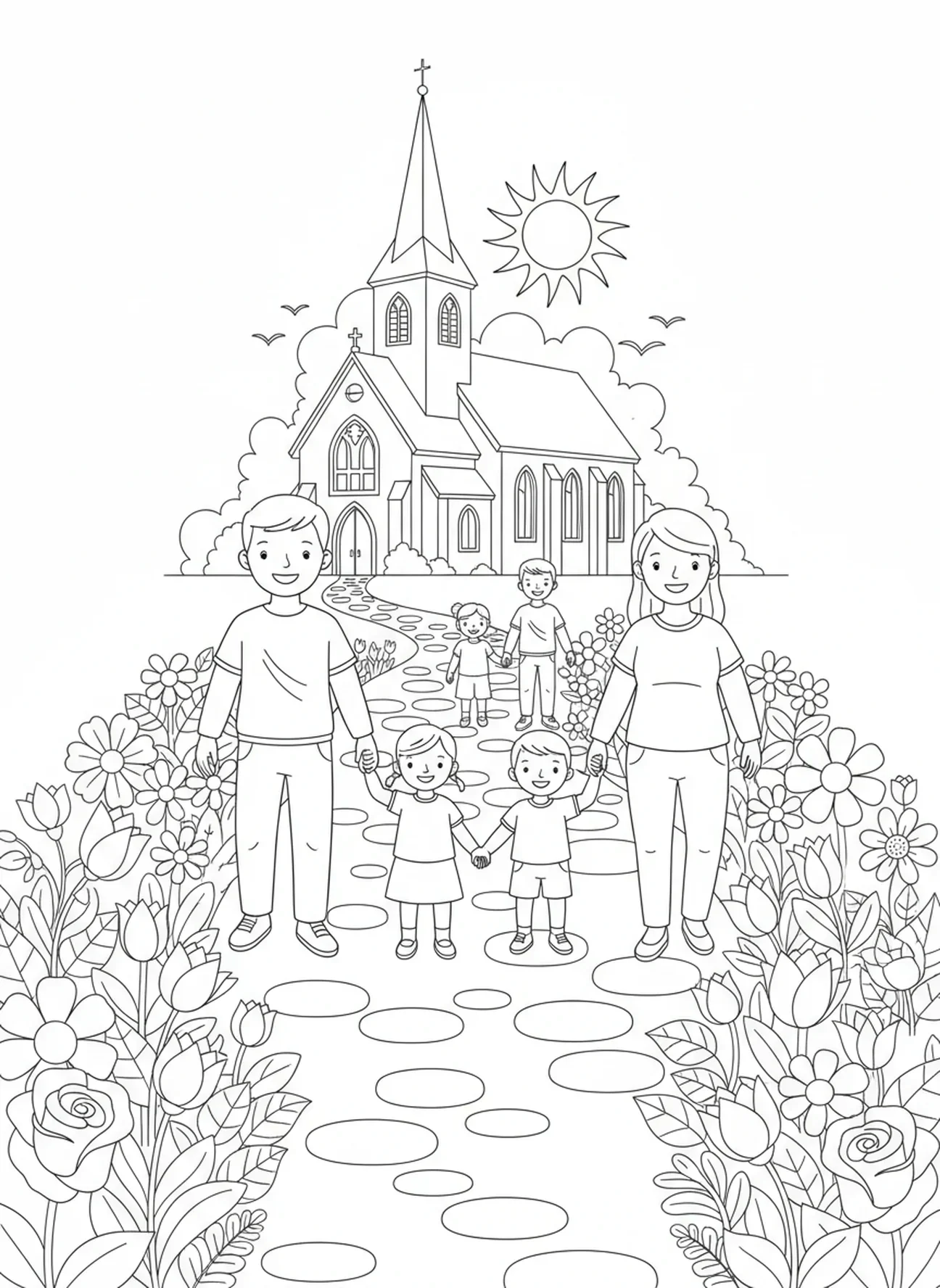 Familles se rendant au service religieux, page à colorier pour la Toussaint pour les enfants de 5 à 10 ans.