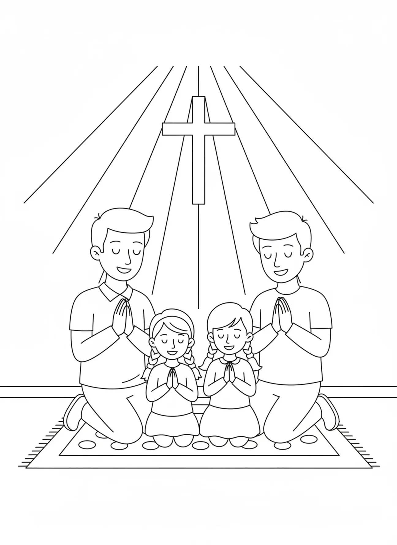 Famille de quatre personnes priant ensemble, page à colorier pour la Toussaint pour les enfants de 5 à 10 ans.