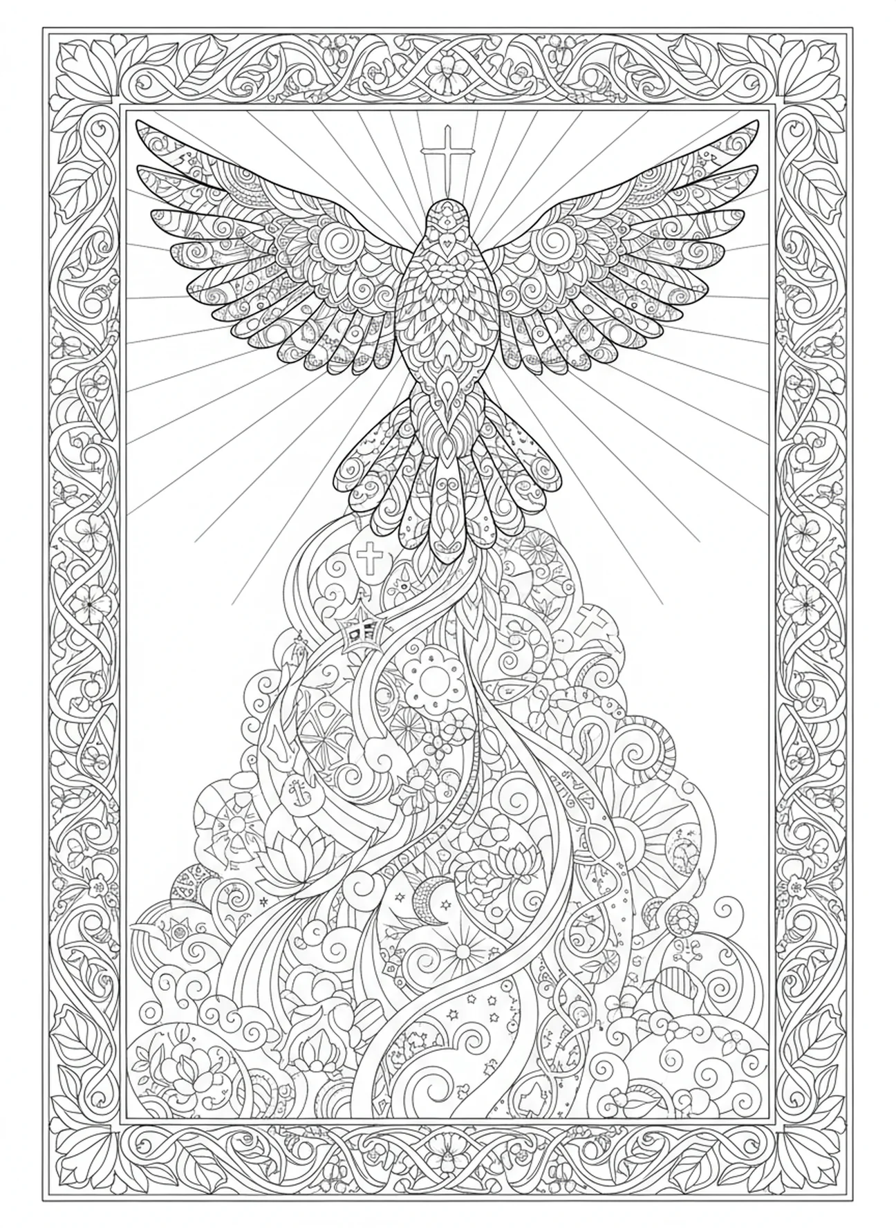 Colombe représentant le Saint-Esprit, page à colorier pour la fête de l'Annonciation dans un style de journal biblique pour adultes.