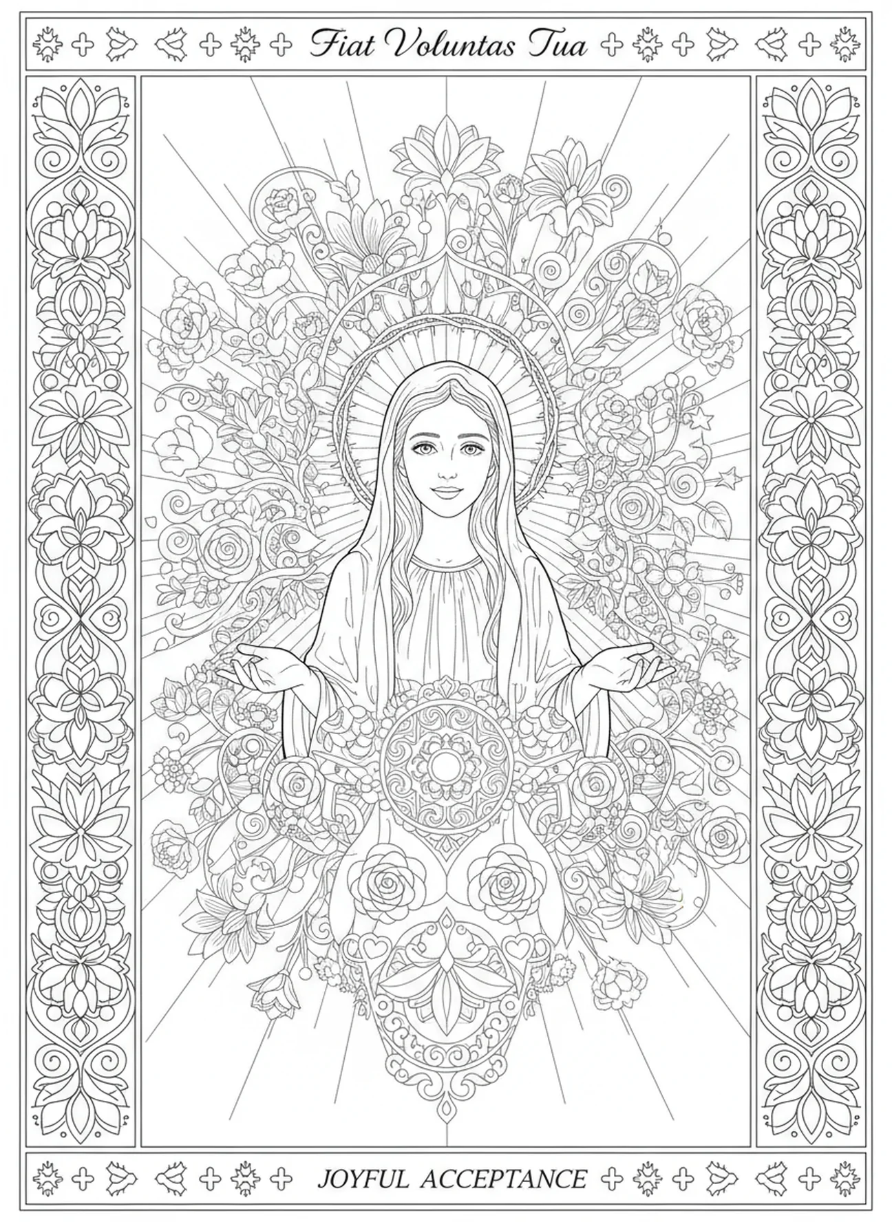 Marie acceptant son appel divin, page à colorier pour la fête de l'Annonciation dans un style de journal biblique pour adultes.