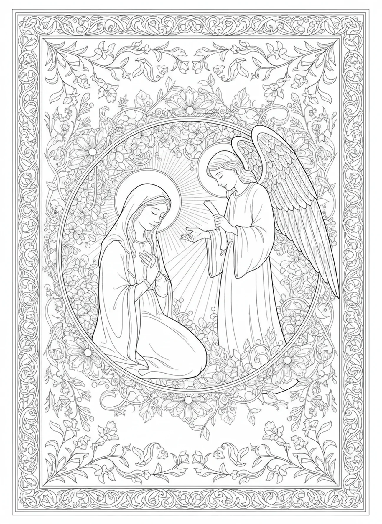 Marie écoutant attentivement, page à colorier pour la fête de l'Annonciation dans un style de journal biblique pour adultes.