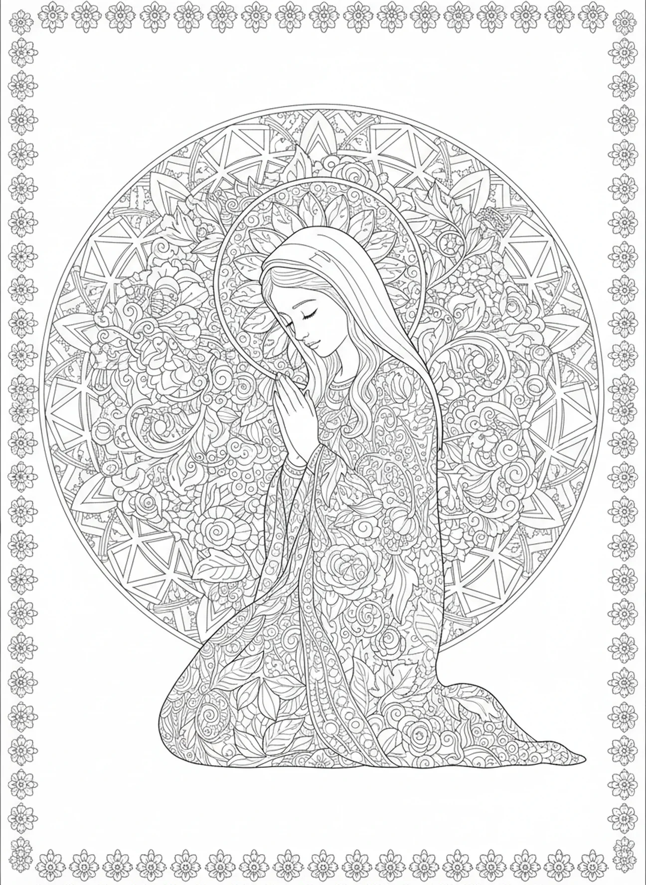 Marie en prière, page à colorier pour la fête de l'Annonciation dans un style de journal biblique pour adultes.